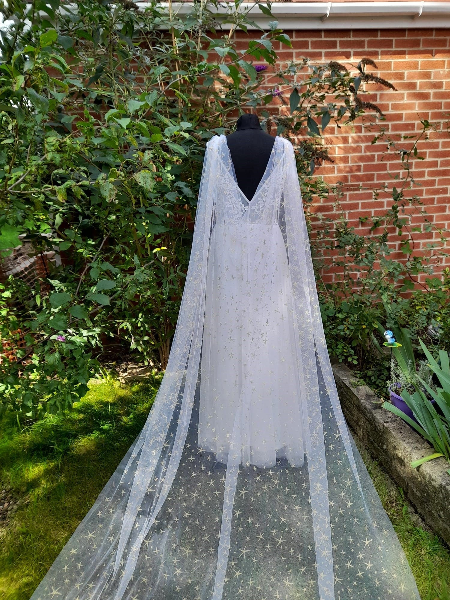 Celestial Elegance: Ivory Cape Veil with Gold Stars, Moon Goddess Wrap