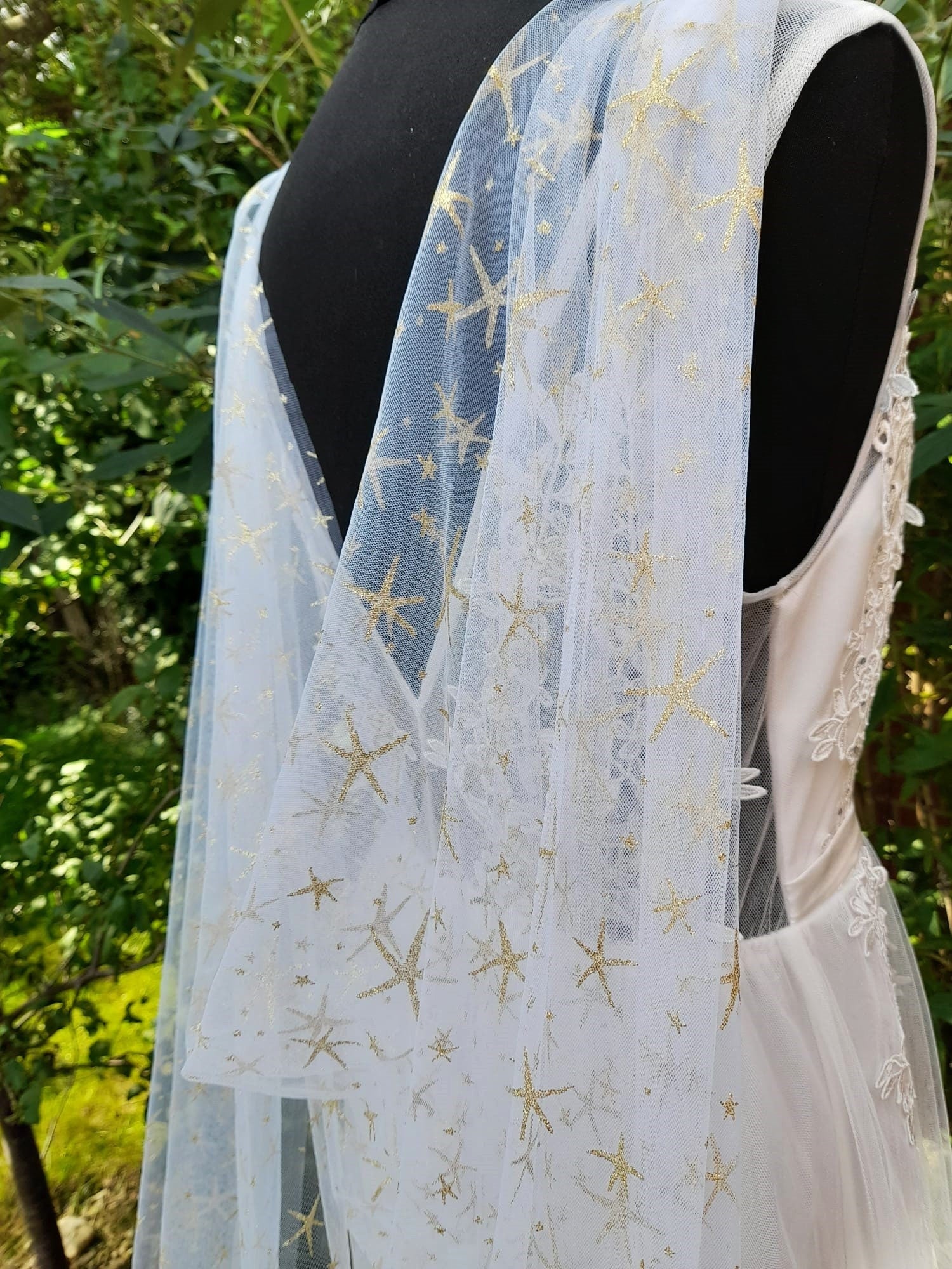 Celestial Elegance: Ivory Cape Veil with Gold Stars, Moon Goddess Wrap