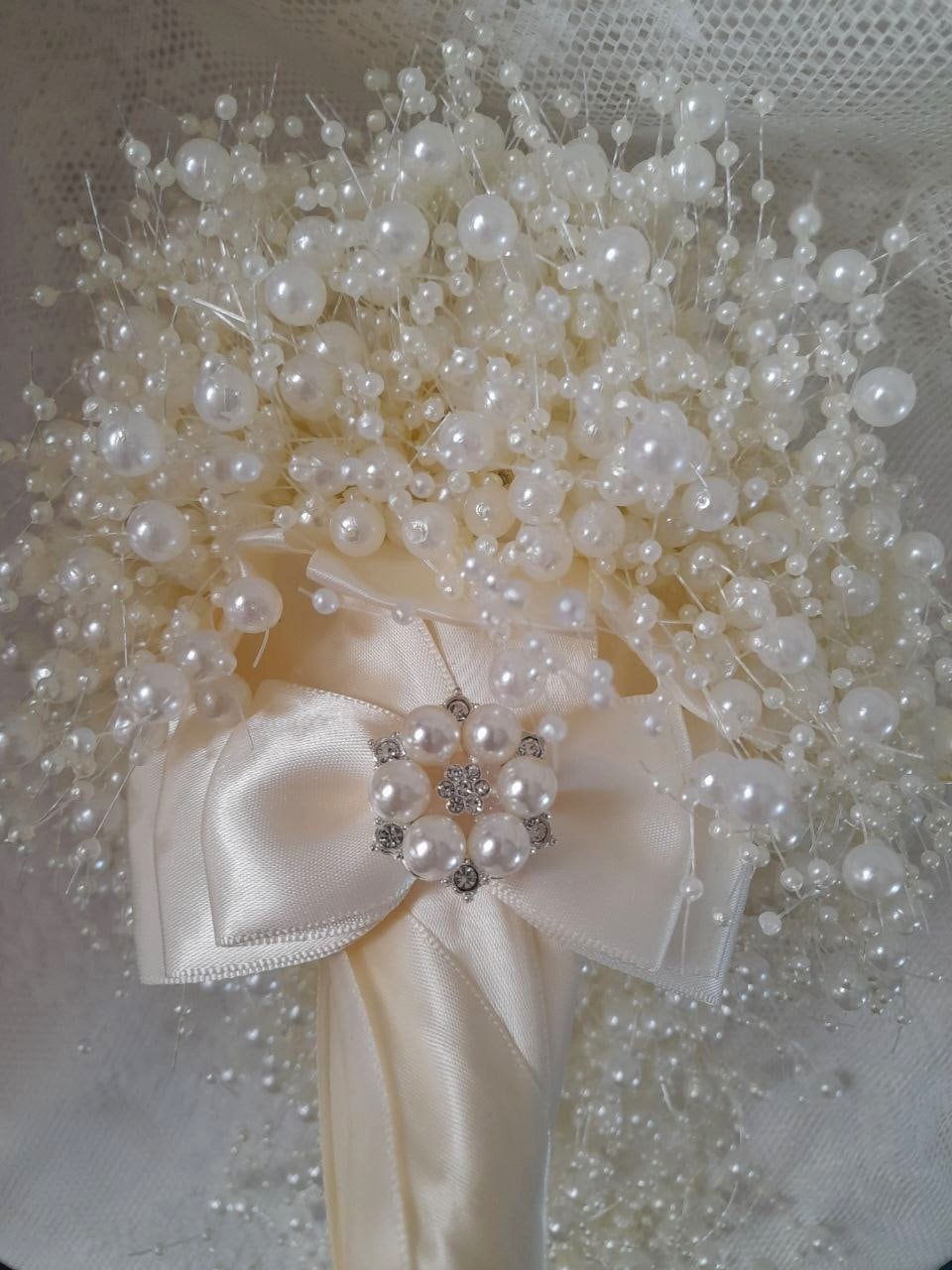Ivory Pearl Waterfall Bridal Bouquet With Satin Handle: Cascading Wedding Bouquet