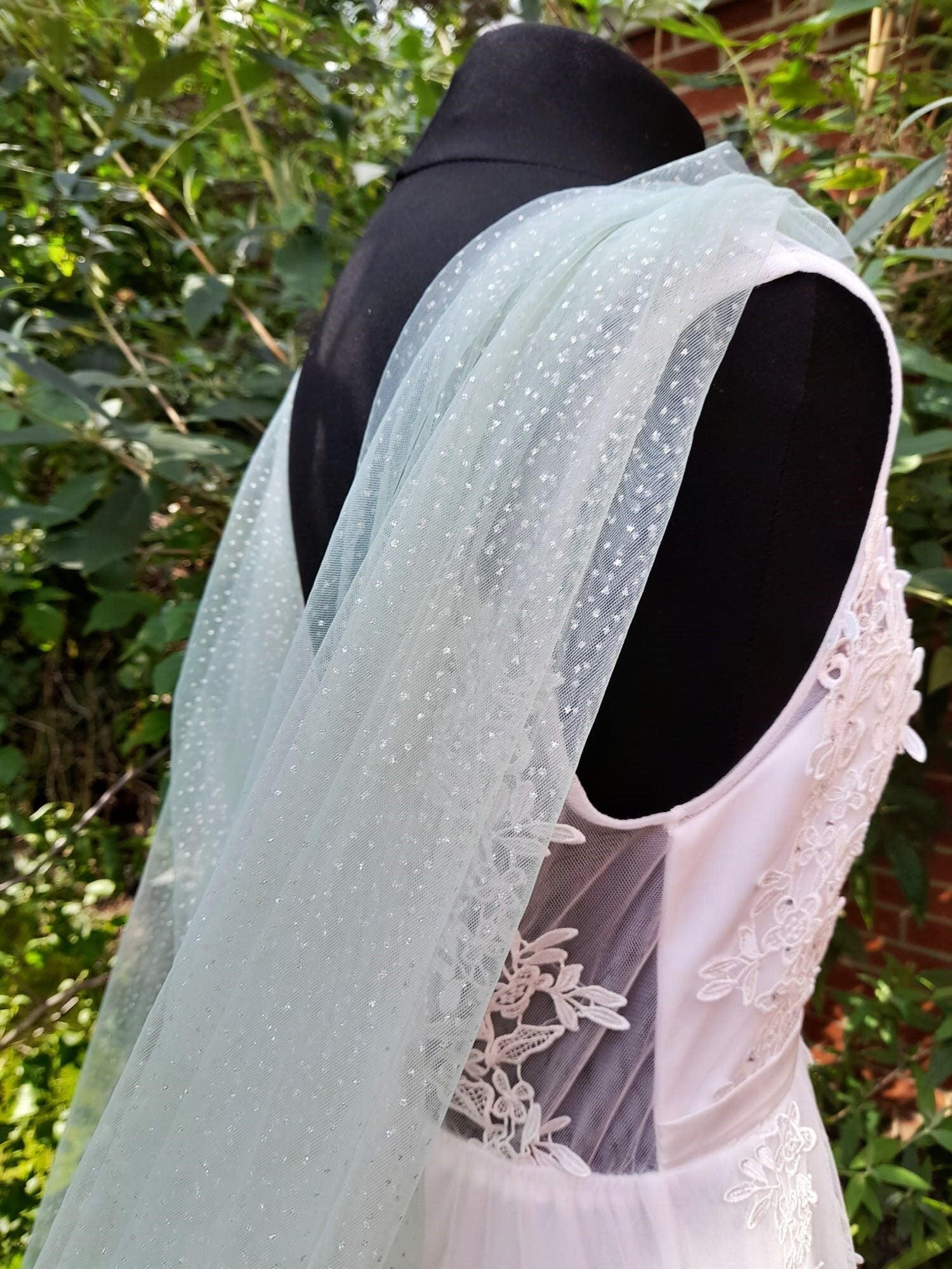 Romantic Sage Green Wedding Cape Veil with Silver Dust - Enchanting Customizable Cathedral Wrap