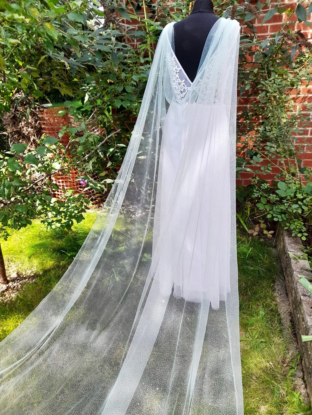 Romantic Sage Green Wedding Cape Veil with Silver Dust - Enchanting Customizable Cathedral Wrap