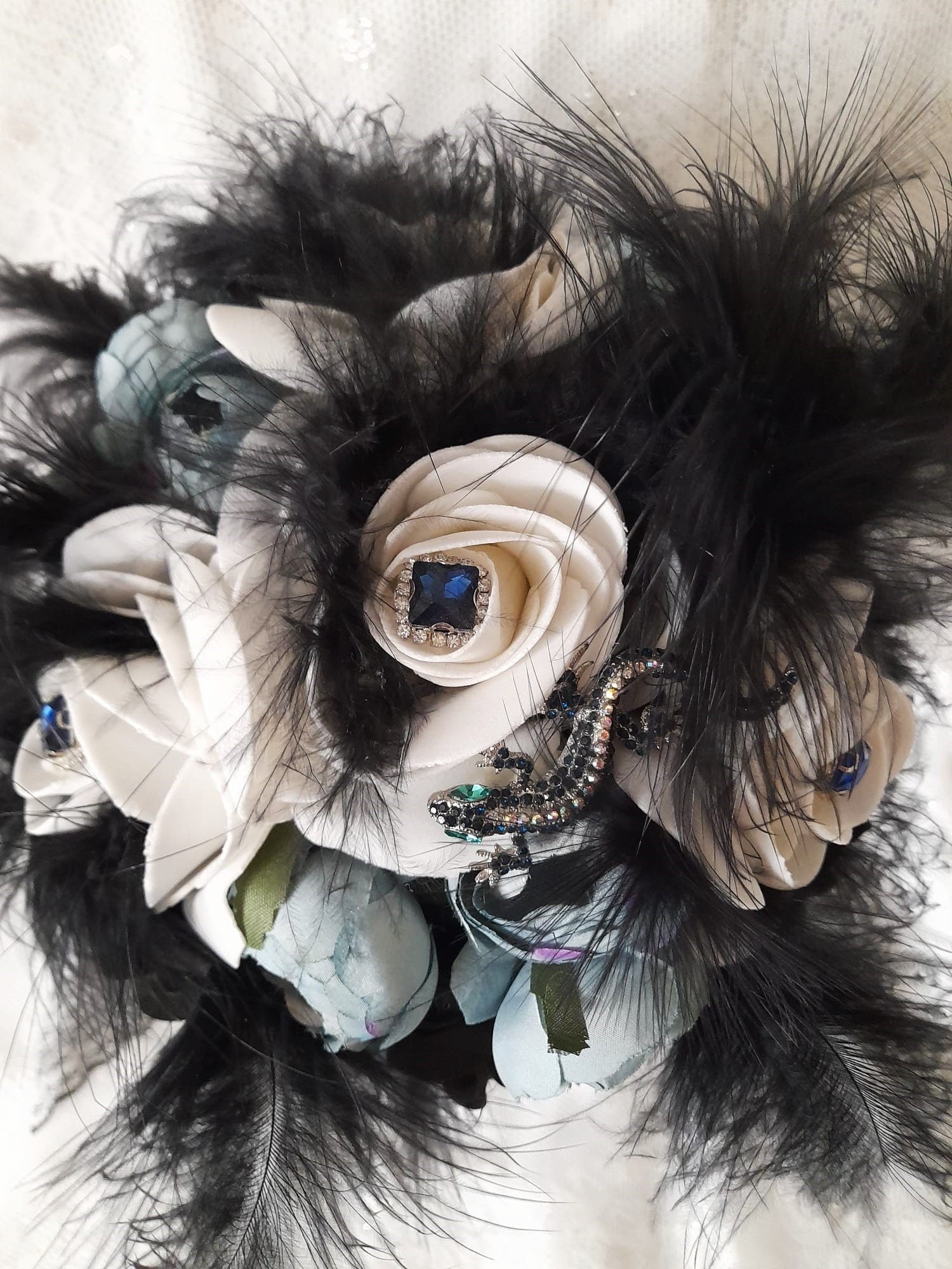 Black Gothic Wedding Bouquet with Feathers: Dark Romance Decor