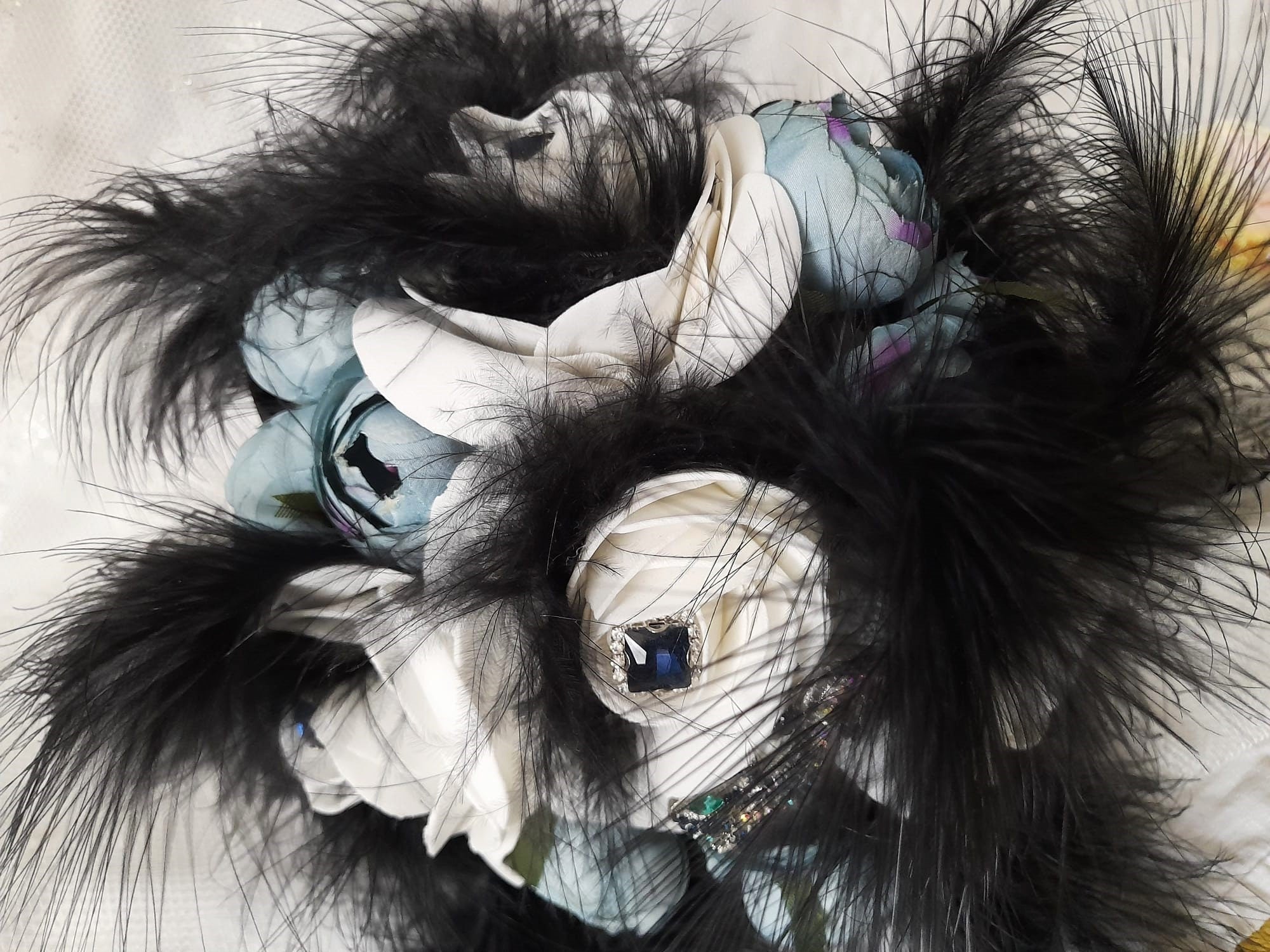 Black Gothic Wedding Bouquet with Feathers: Dark Romance Decor
