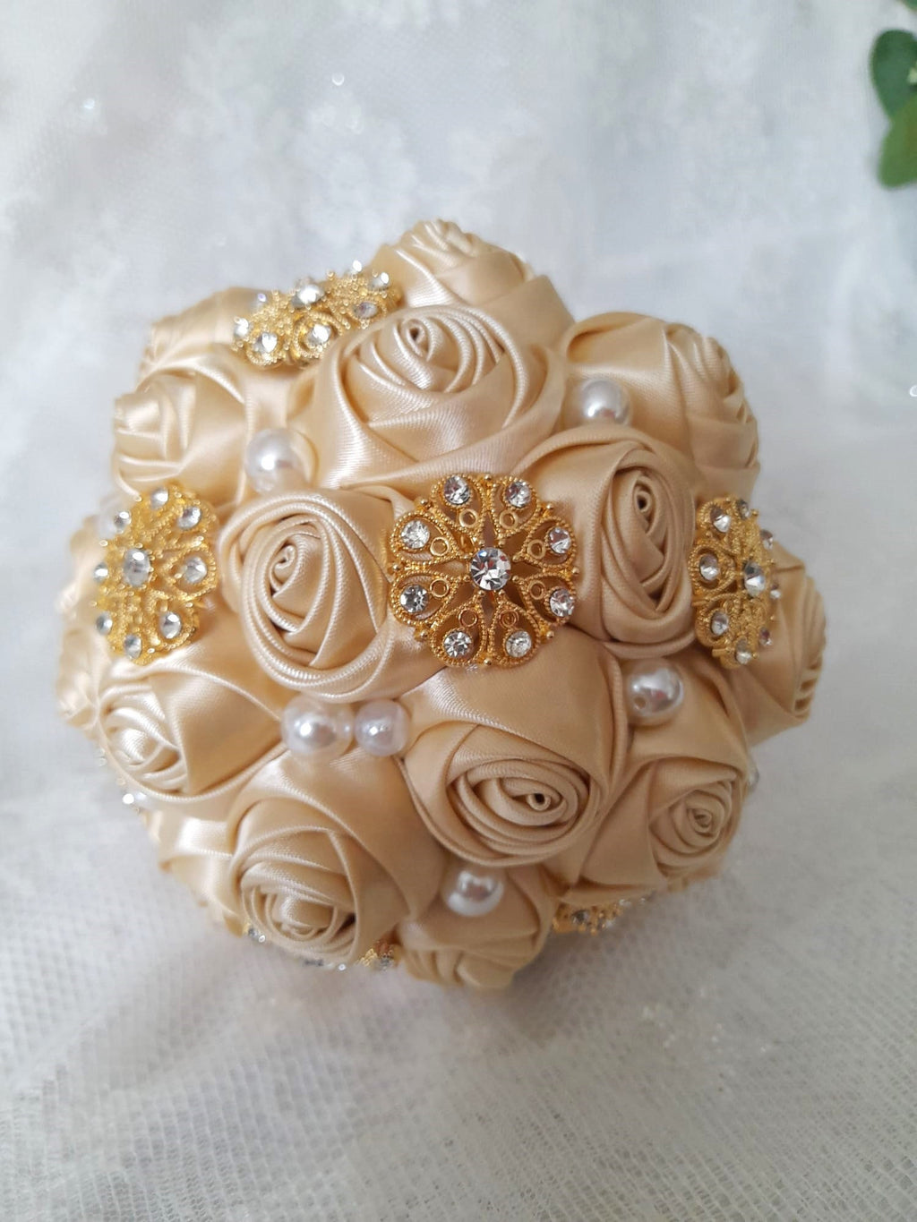 Vintage-Inspired Bridesmaid Bouquet with Pearls and Crystal Brooches - Unique Wedding Accessory