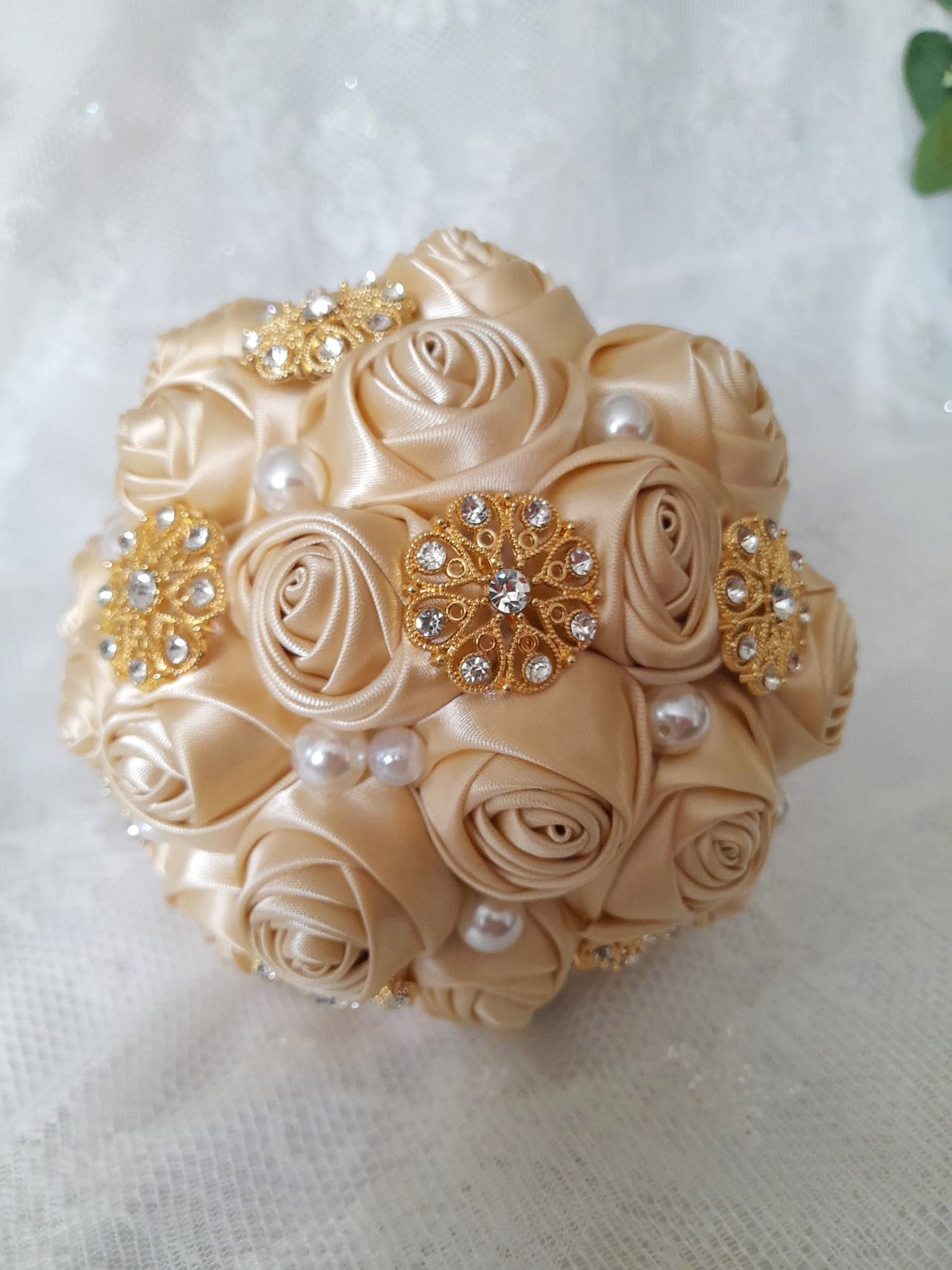 Vintage-Inspired Bridesmaid Bouquet with Pearls and Crystal Brooches - Unique Wedding Accessory