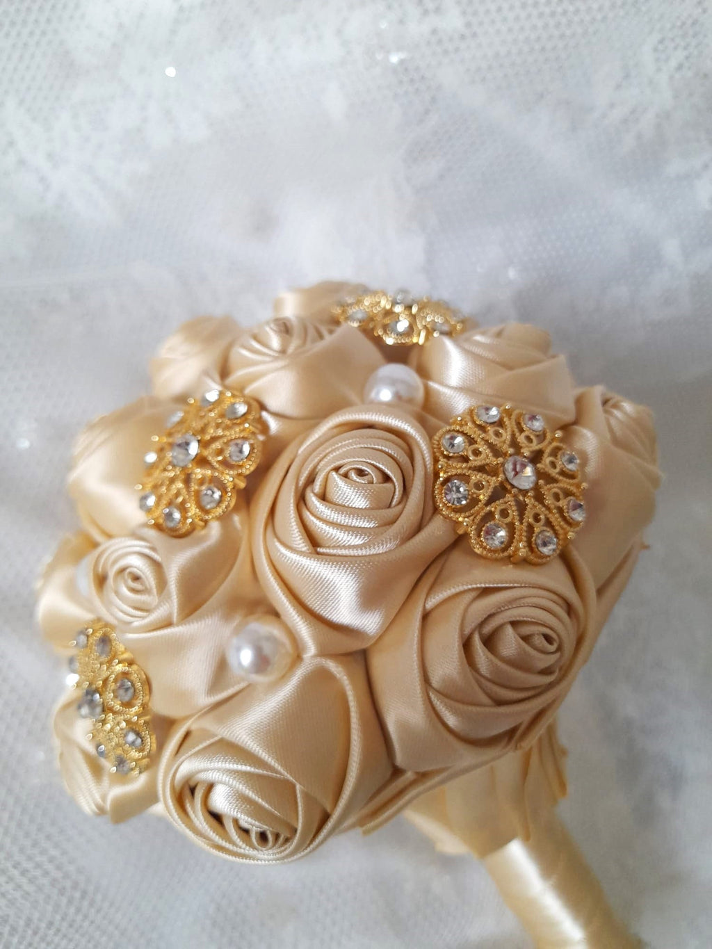 Vintage-Inspired Bridesmaid Bouquet with Pearls and Crystal Brooches - Unique Wedding Accessory