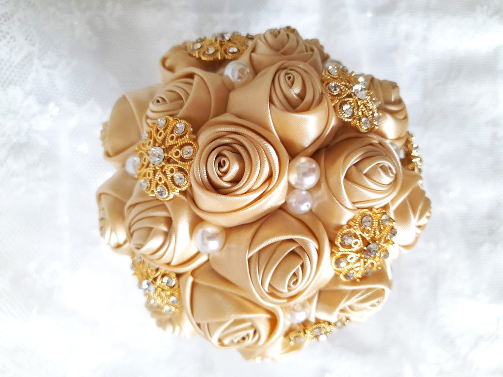 Vintage-Inspired Bridesmaid Bouquet with Pearls and Crystal Brooches - Unique Wedding Accessory
