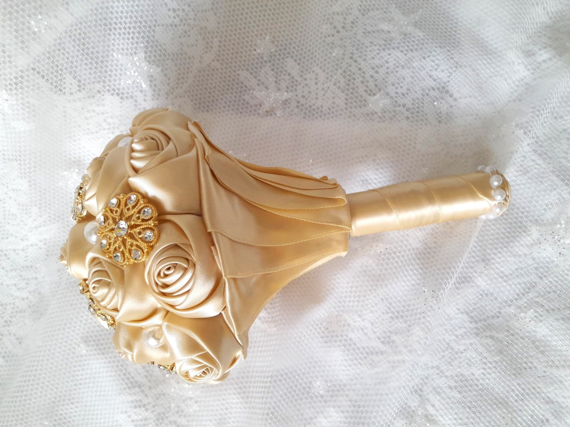 Vintage-Inspired Bridesmaid Bouquet with Pearls and Crystal Brooches - Unique Wedding Accessory