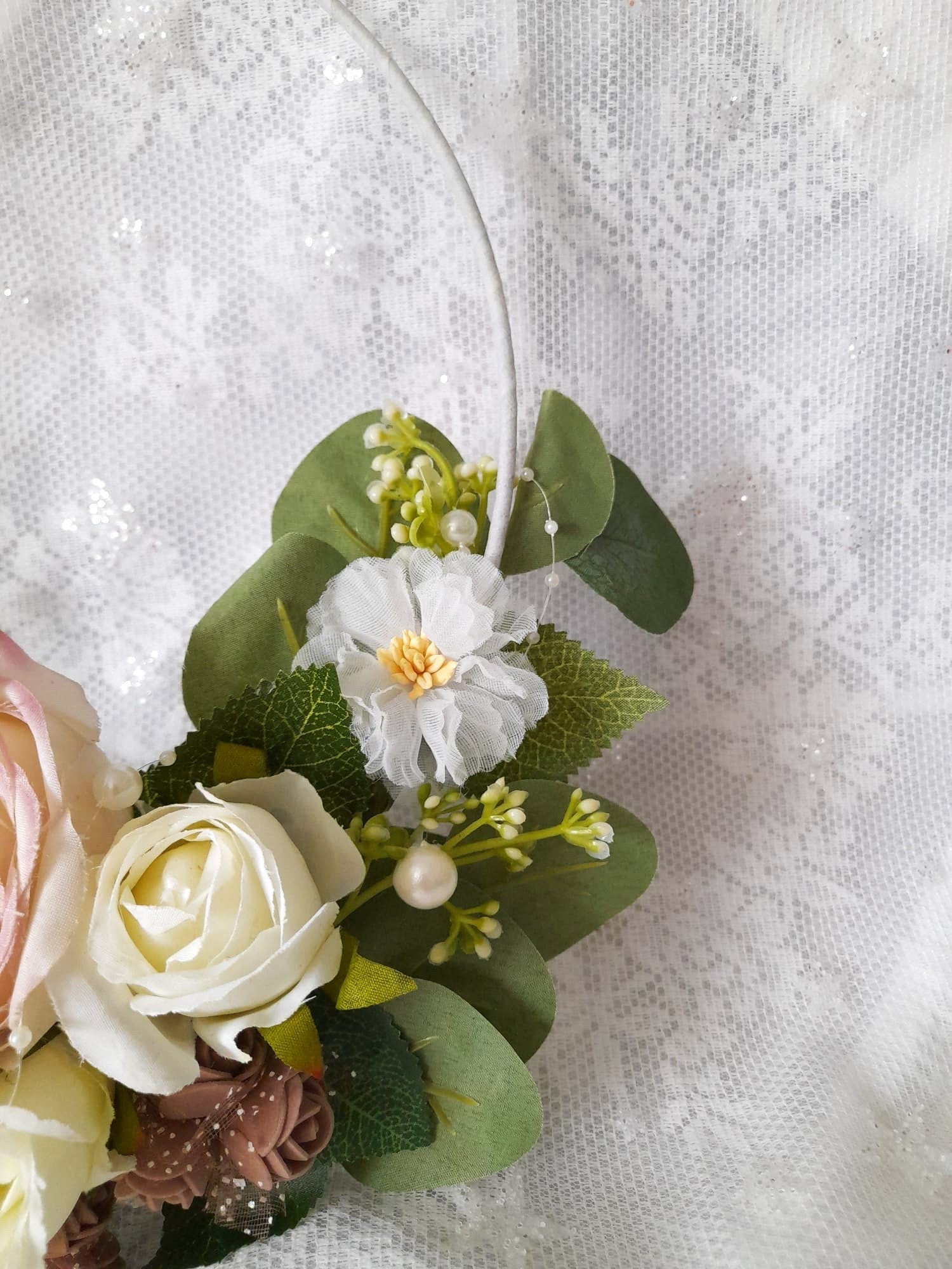 Floral Hoop Ivory Beige Fall Wedding Bouquet - Boho Alternative Bridesmaid Bouquet
