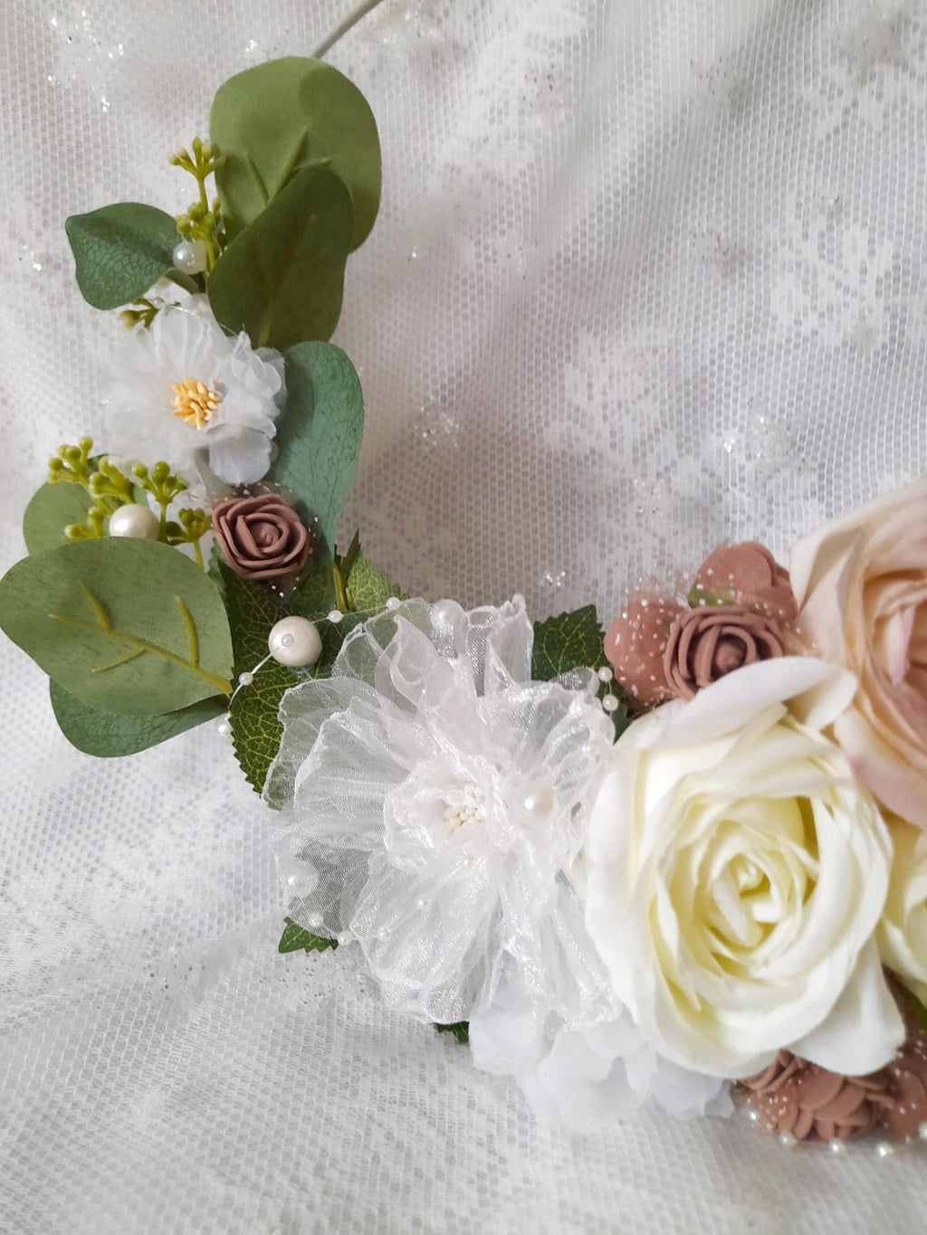 Floral Hoop Ivory Beige Fall Wedding Bouquet - Boho Alternative Bridesmaid Bouquet