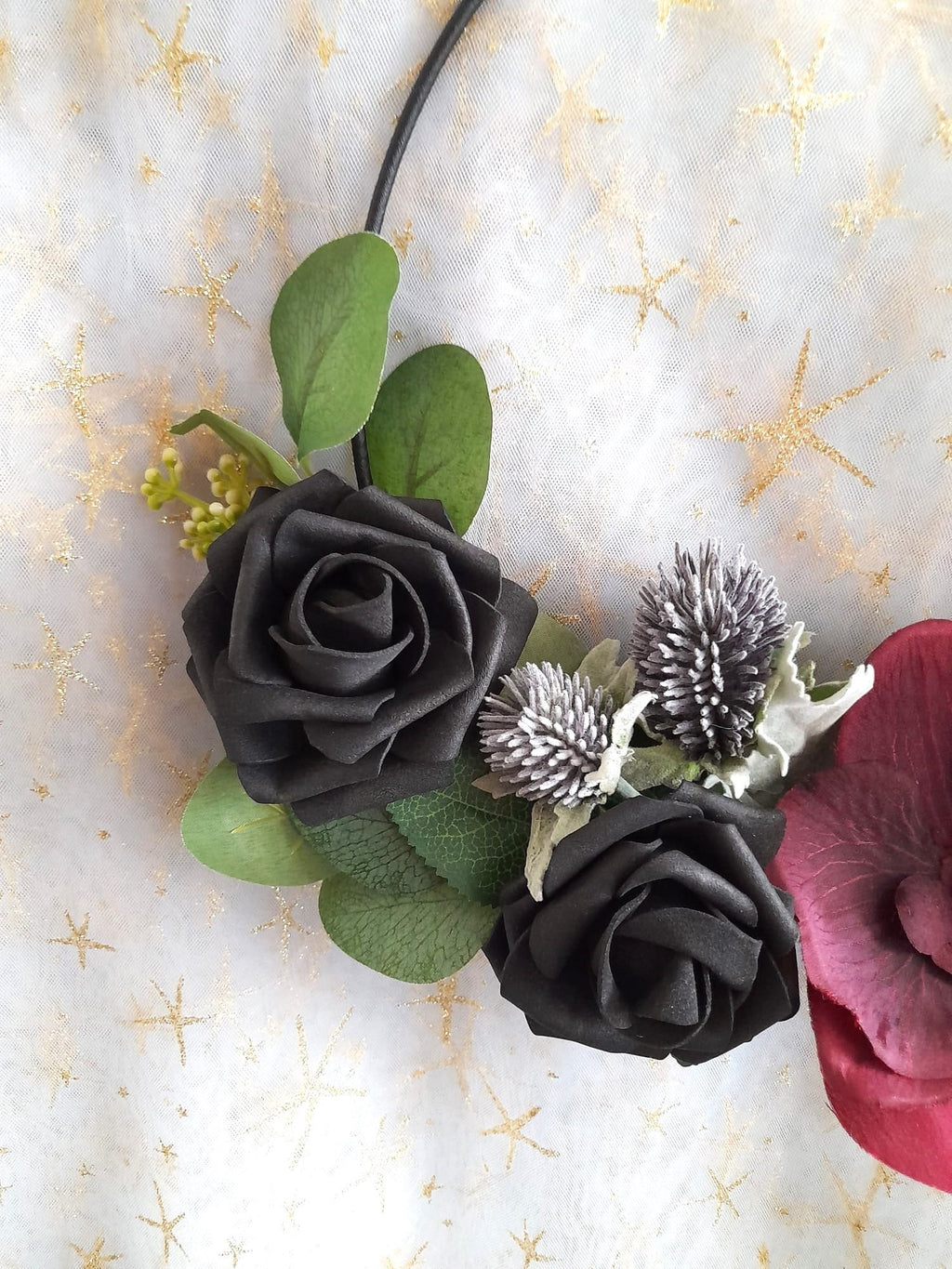 Floral Hoop Black Burgundy Gothic Wedding Bouquet - Unique Alternative Bridesmaid Bouquet