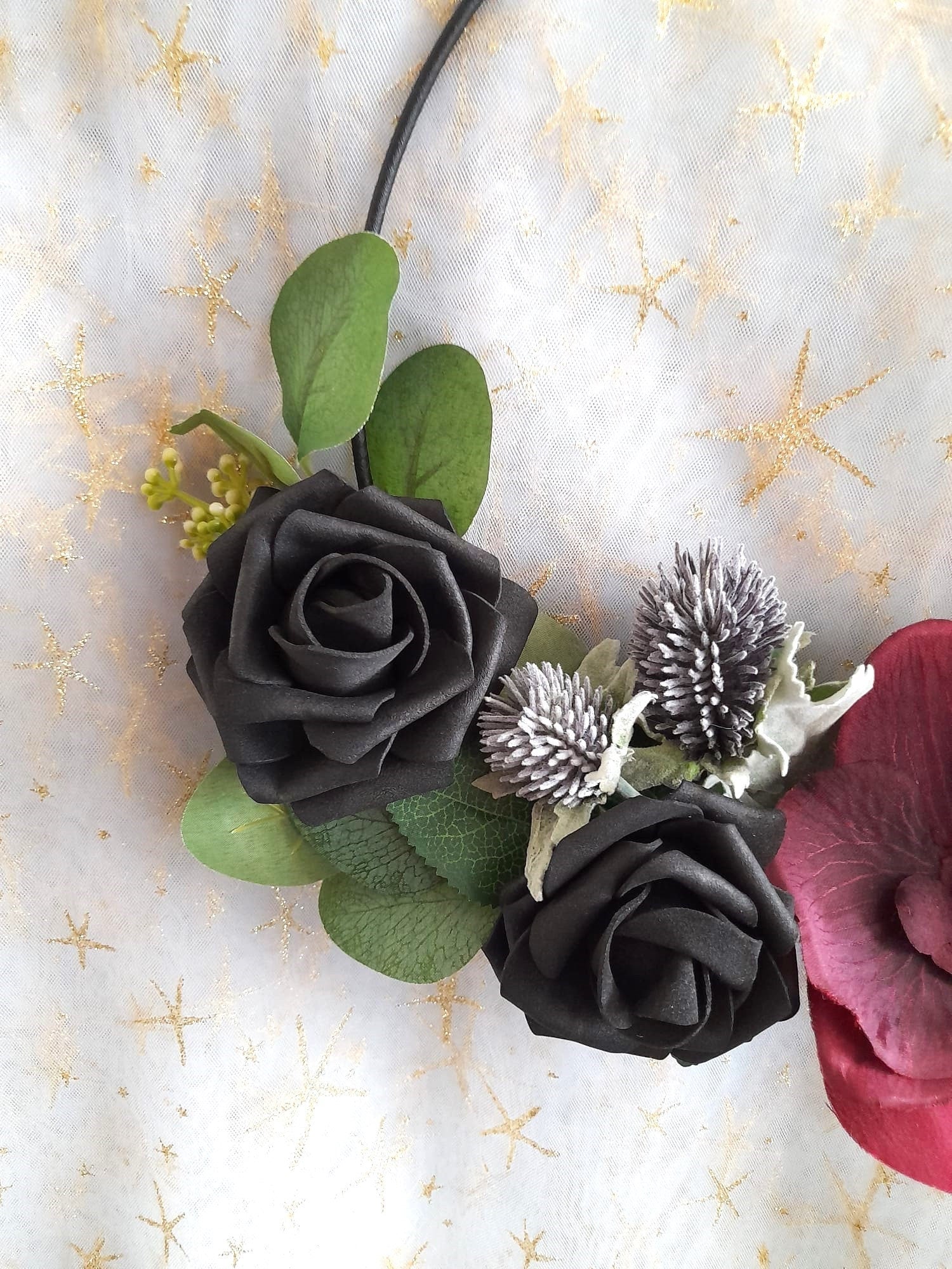 Floral Hoop Black Burgundy Gothic Wedding Bouquet - Unique Alternative Bridesmaid Bouquet