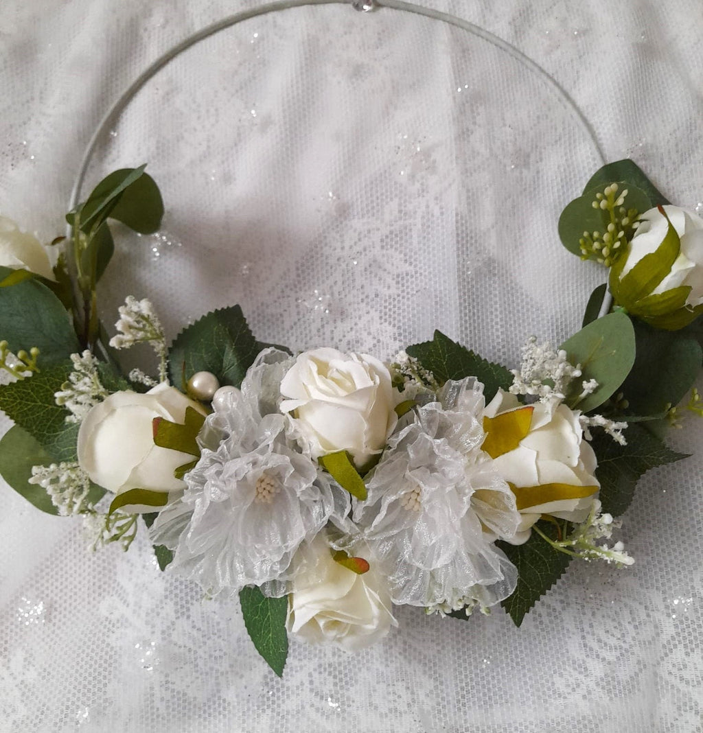 Floral Hoop Bouquet: Ivory Green Rustic Wedding, Boho Bridesmaid Bouquet