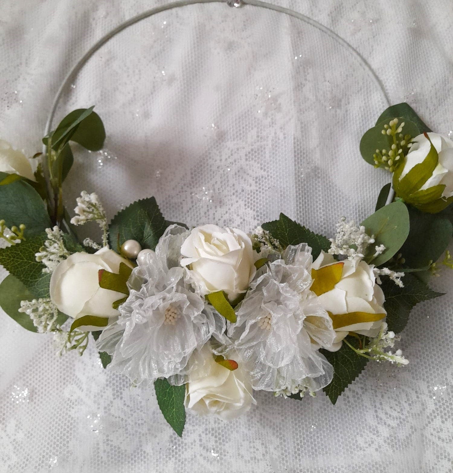 Floral Hoop Bouquet: Ivory Green Rustic Wedding, Boho Bridesmaid Bouquet