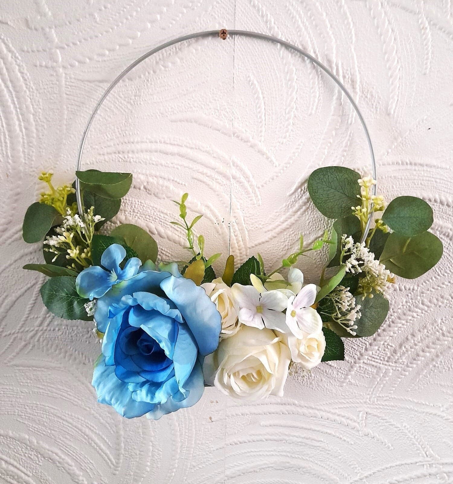 Whimsical Ivory Blue Floral Hoop Bouquet - Unique Wedding Bouquet for Boho Bridesmaids