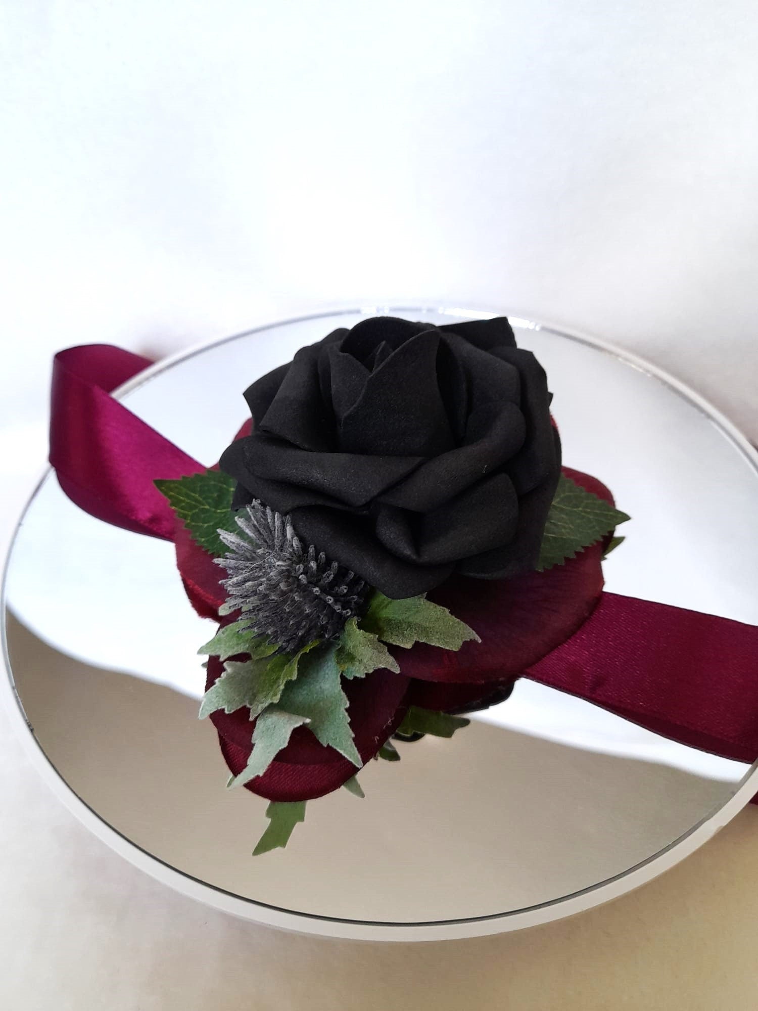 Unique Gothic Black and Burgundy Corsage - Handmade Floral Bracelet for Bride or Bridesmaid