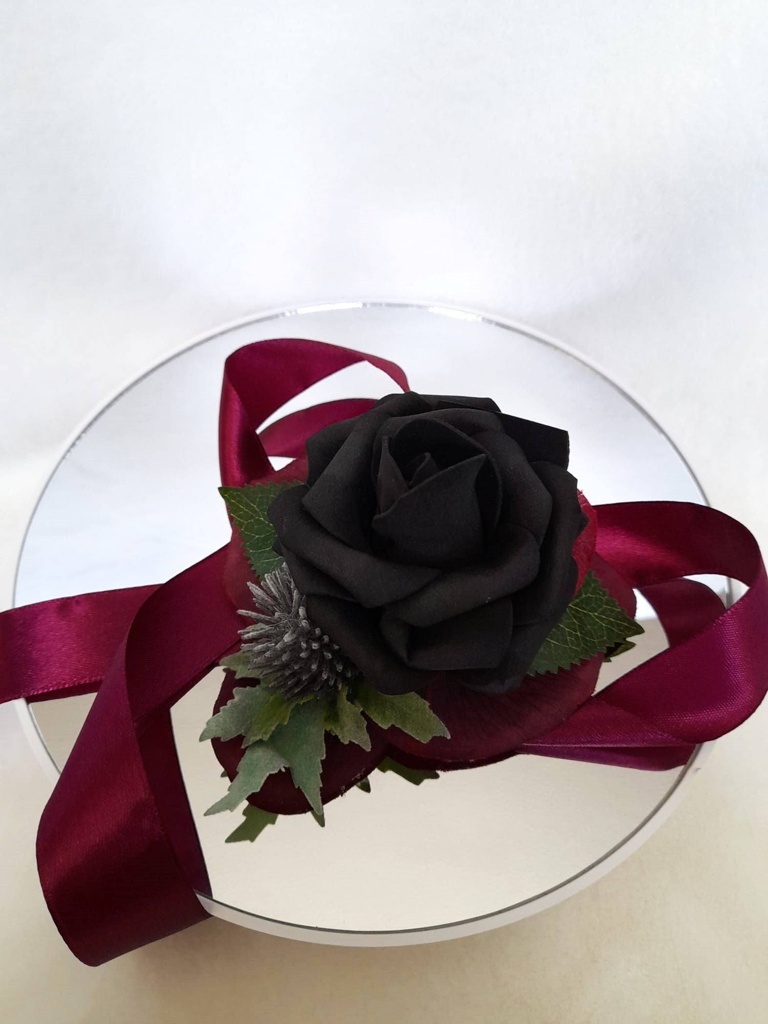 Unique Gothic Black and Burgundy Corsage - Handmade Floral Bracelet for Bride or Bridesmaid