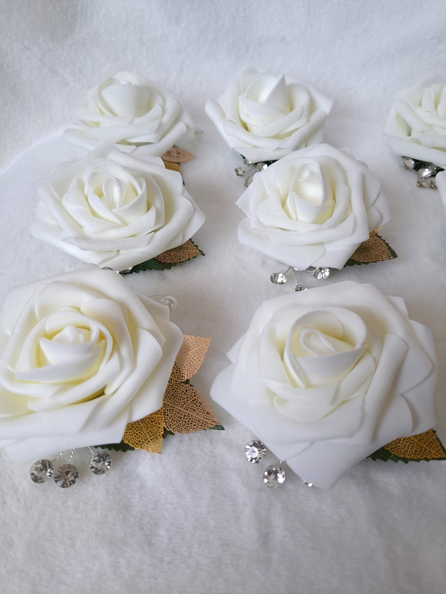 Ivory Rose Wedding Boutonniere with Crystal Detail