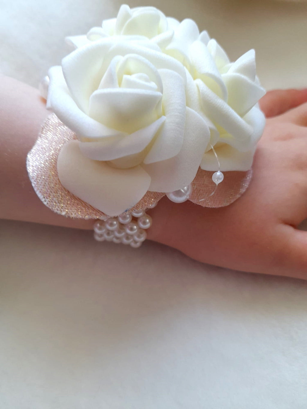 Handcrafted Ivory Flower Girl Wrist Corsage: Wedding Keepsake