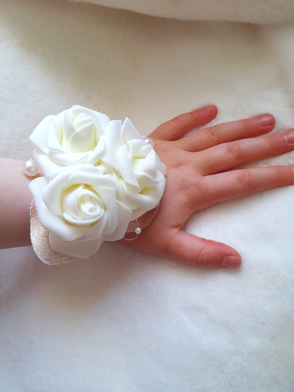 Handcrafted Ivory Flower Girl Wrist Corsage: Wedding Keepsake