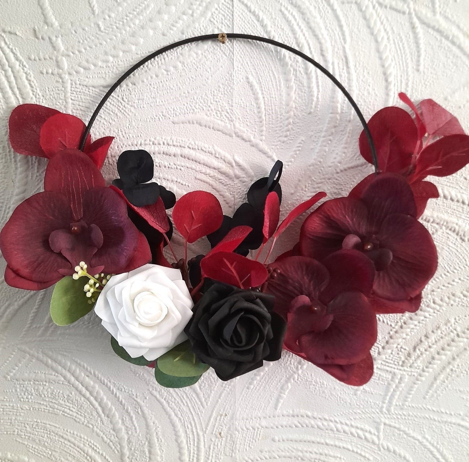 Dark Romance: Unique Floral Hoop Black Burgundy Gothic Wedding Bouquet - Alternative Bridesmaid Bouquet