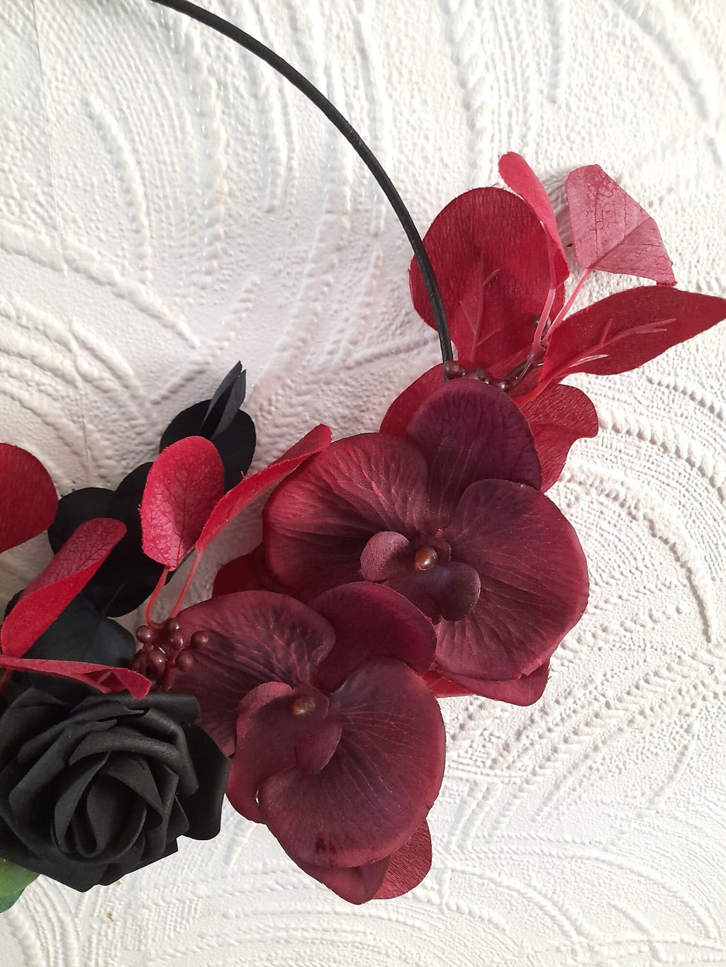 Dark Romance: Unique Floral Hoop Black Burgundy Gothic Wedding Bouquet - Alternative Bridesmaid Bouquet