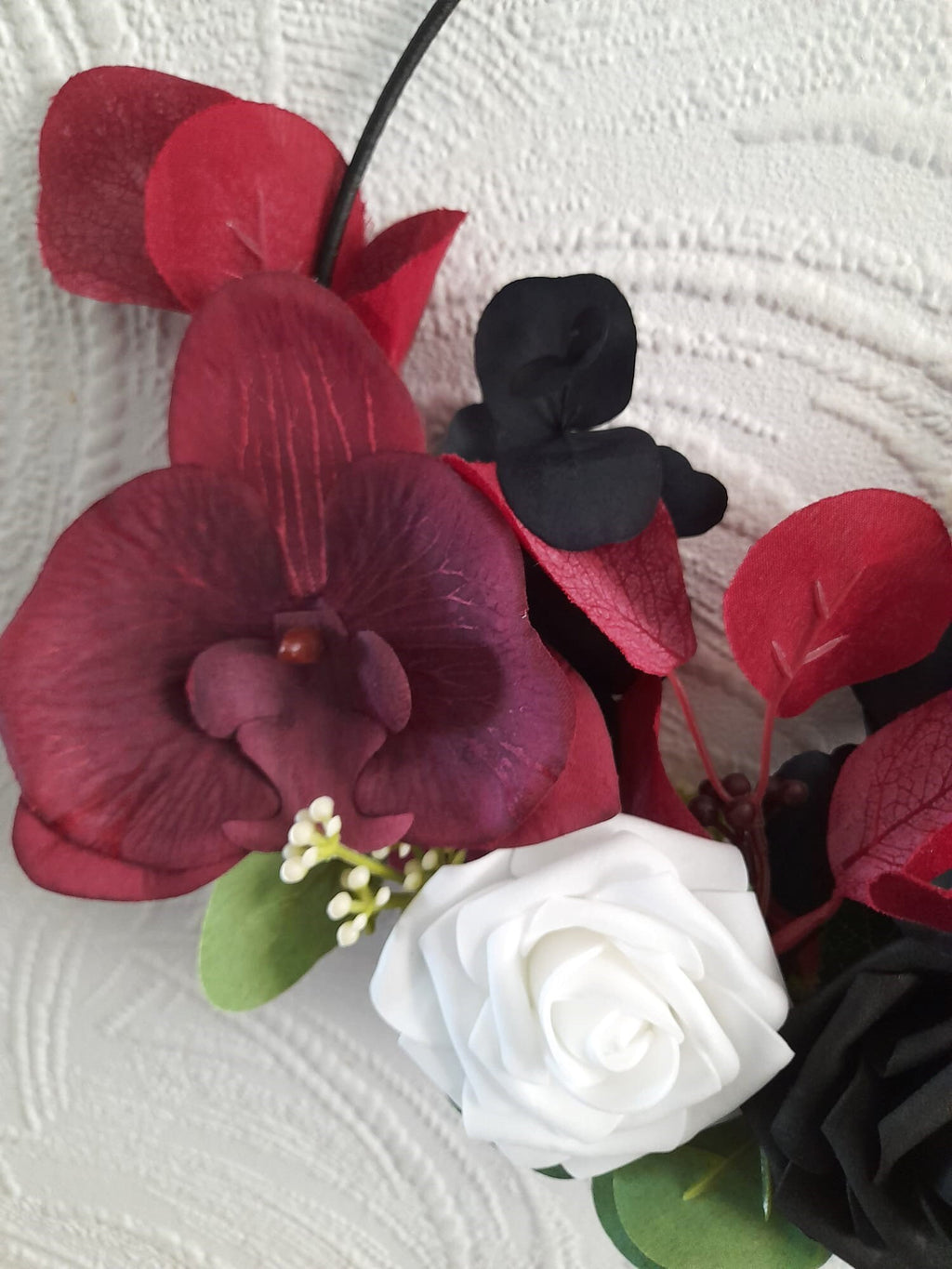 Dark Romance: Unique Floral Hoop Black Burgundy Gothic Wedding Bouquet - Alternative Bridesmaid Bouquet