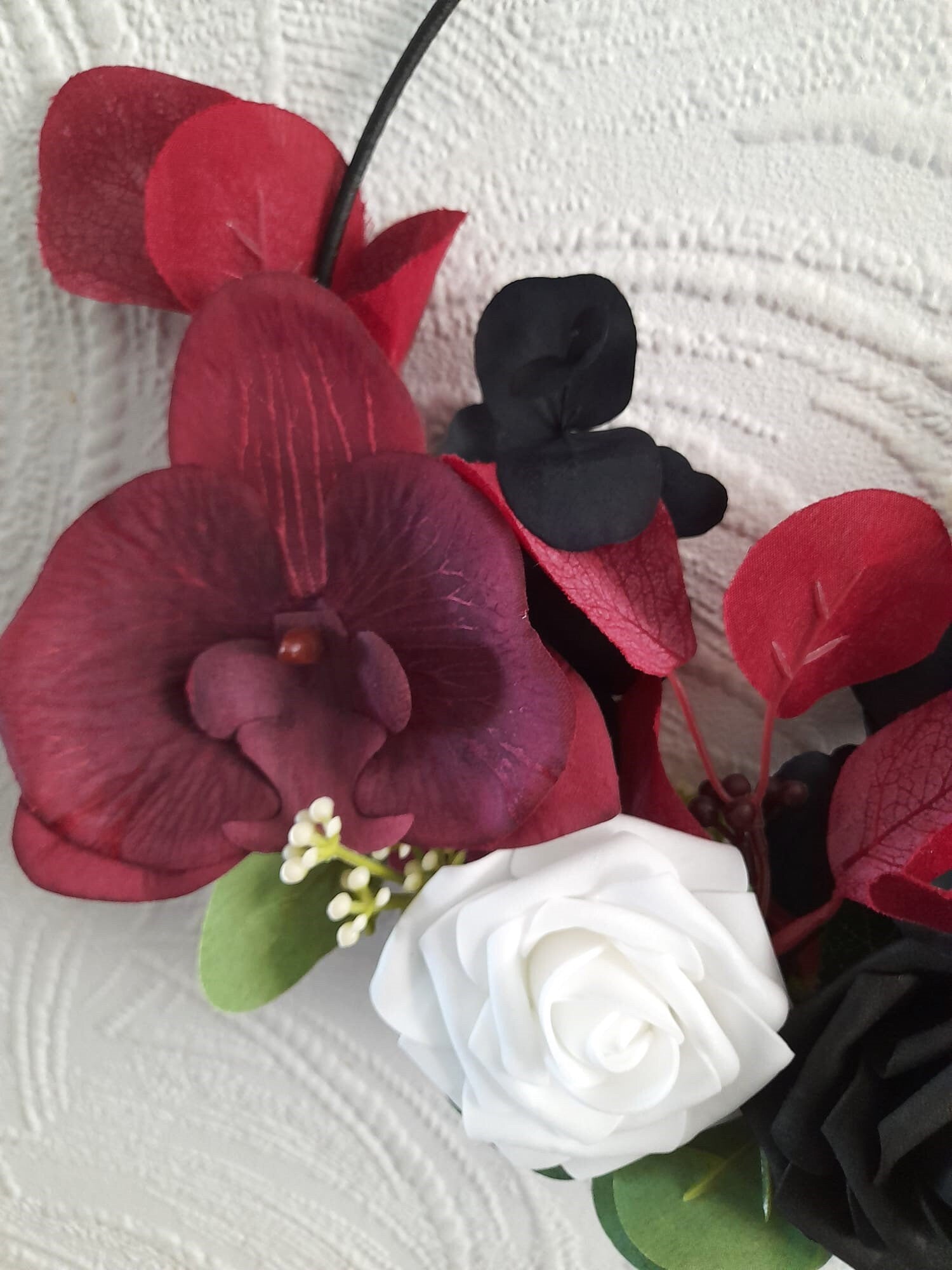 Dark Romance: Unique Floral Hoop Black Burgundy Gothic Wedding Bouquet - Alternative Bridesmaid Bouquet