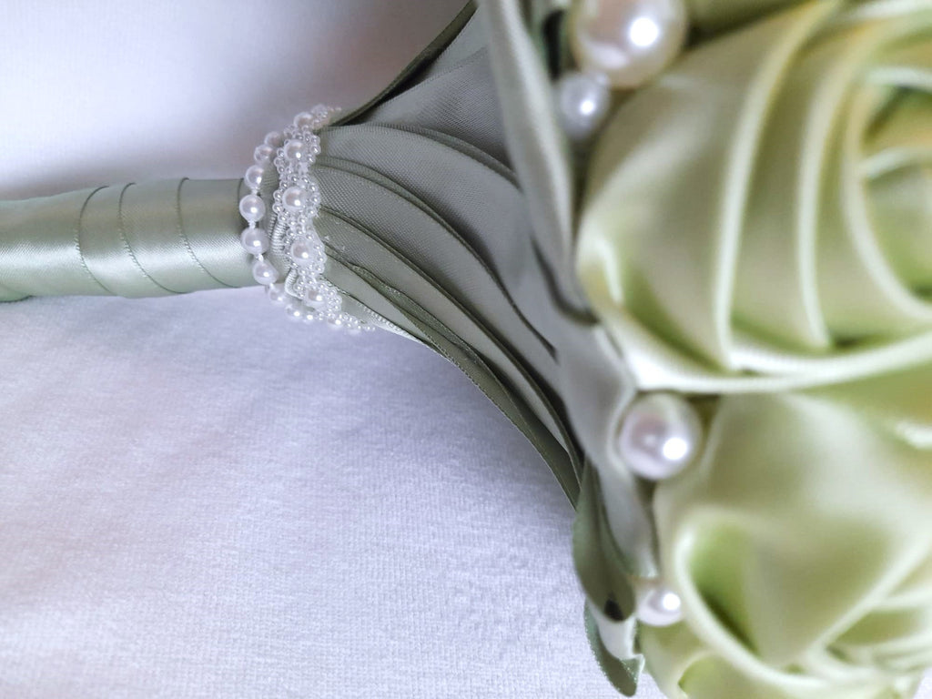 Sage Green Satin Rose Bouquet: A Timeless Wedding Essential Adorned with Delicate Pearls