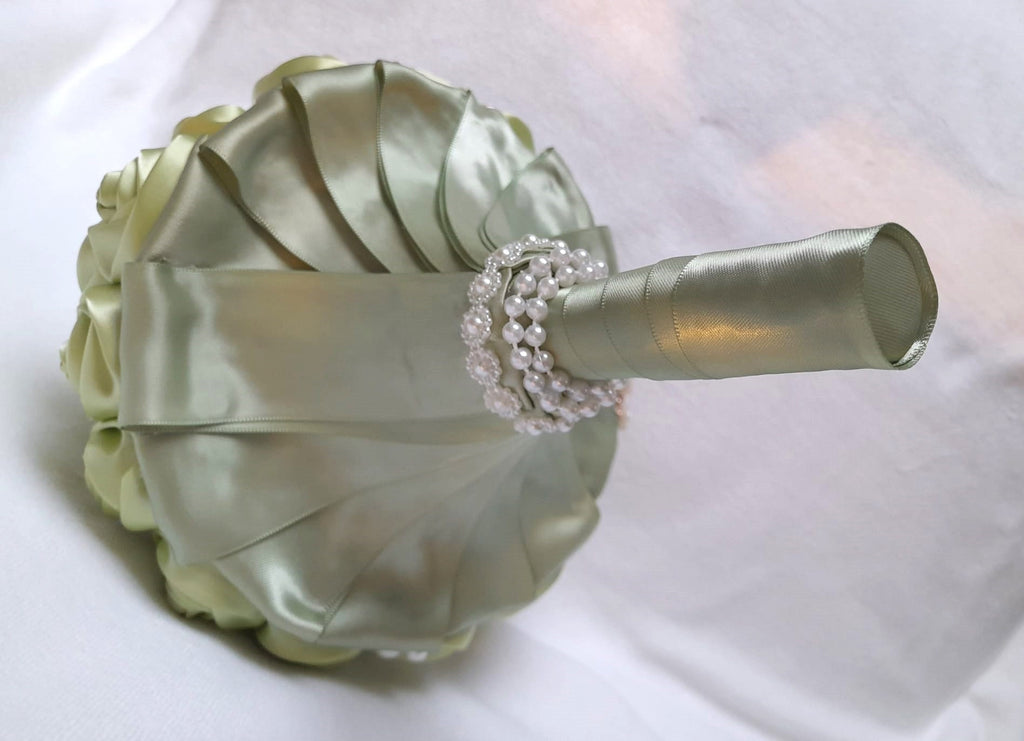 Sage Green Satin Rose Bouquet: A Timeless Wedding Essential Adorned with Delicate Pearls