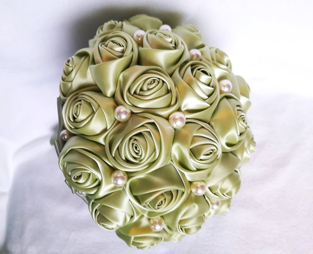 Sage Green Satin Rose Bouquet: A Timeless Wedding Essential Adorned with Delicate Pearls