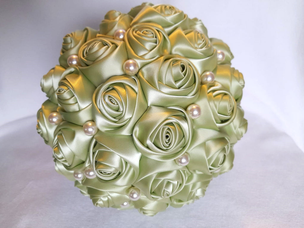 Sage Green Satin Rose Bouquet: A Timeless Wedding Essential Adorned with Delicate Pearls