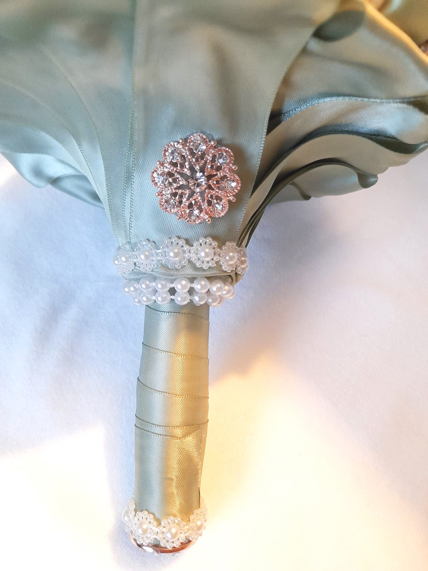 Handcrafted Sage Green Satin Rose Bouquet: Pearl Bridal Decor