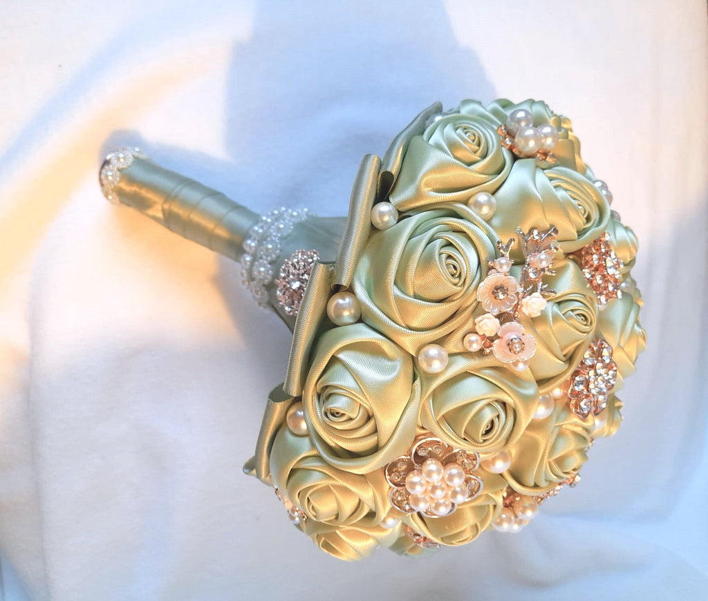 Handcrafted Sage Green Satin Rose Bouquet: Pearl Bridal Decor