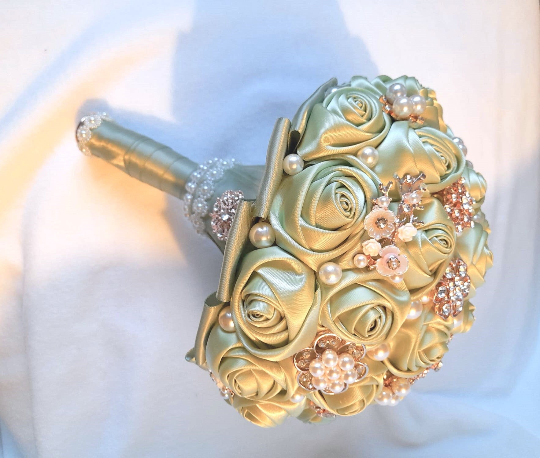 Handcrafted Sage Green Satin Rose Bouquet: Pearl Bridal Decor