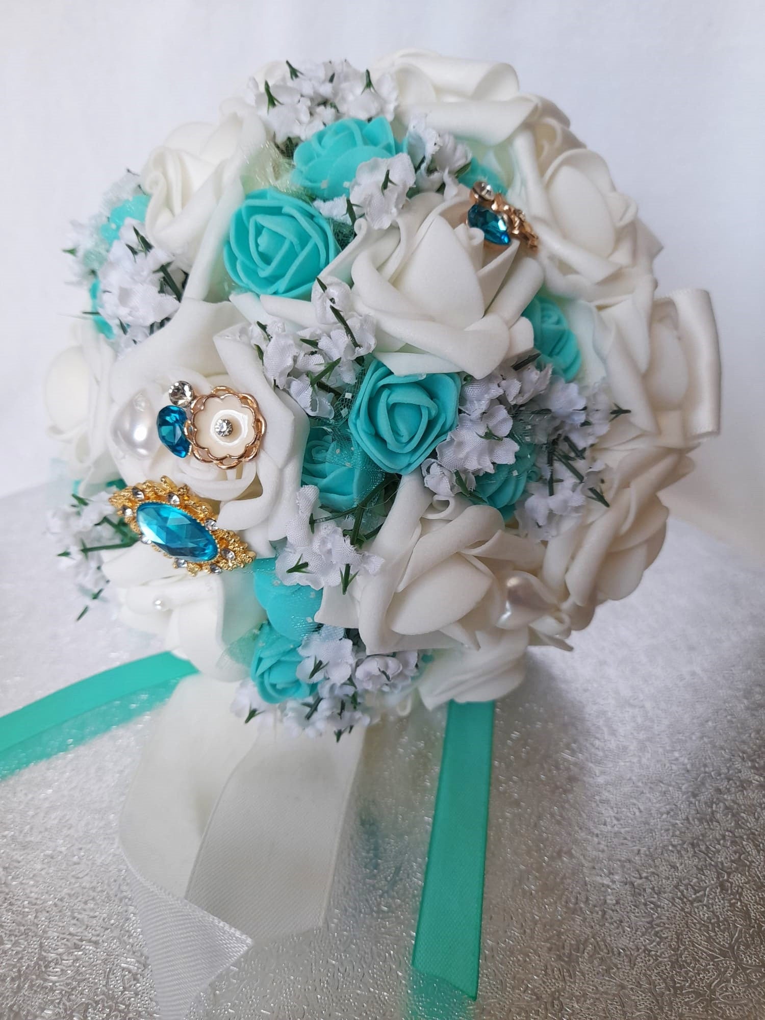 Handmade Tiffany Blue Bridal Bouquet with Brooch Accents