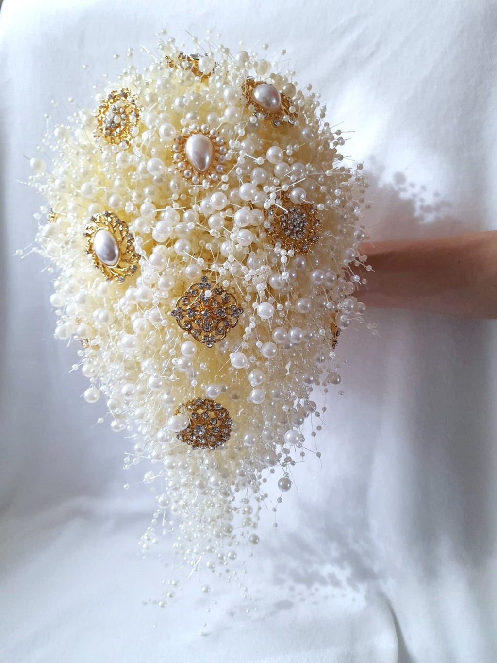 Ivory Pearl Waterfall Cascading Wedding Bridal Bouquet With The Brooch