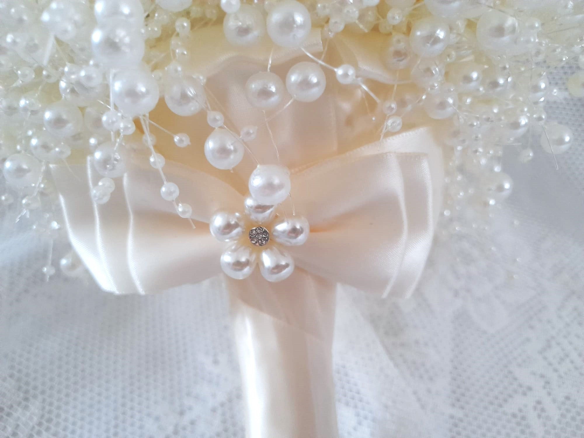 Ivory Pearl Round Posy Bouquet for Bride or Bridesmaid, Beaded Holding Bouquet
