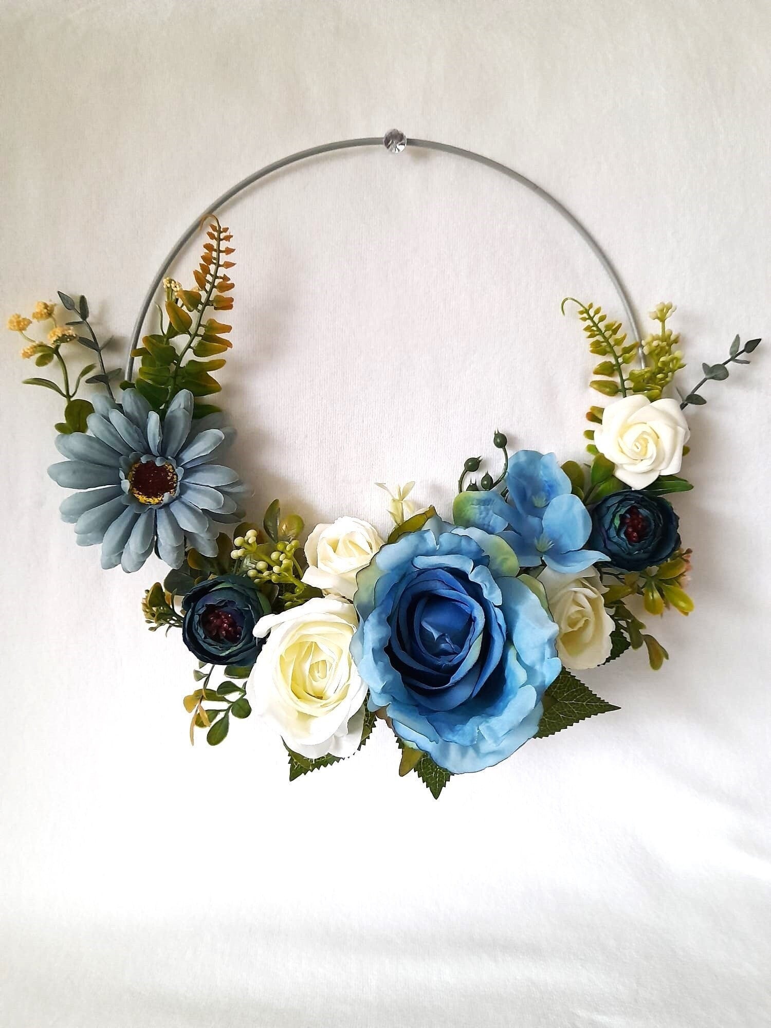 Ivory Blue Floral Hoop Bouquet - Boho Chic Wedding Bouquet for Unique Bridesmaids