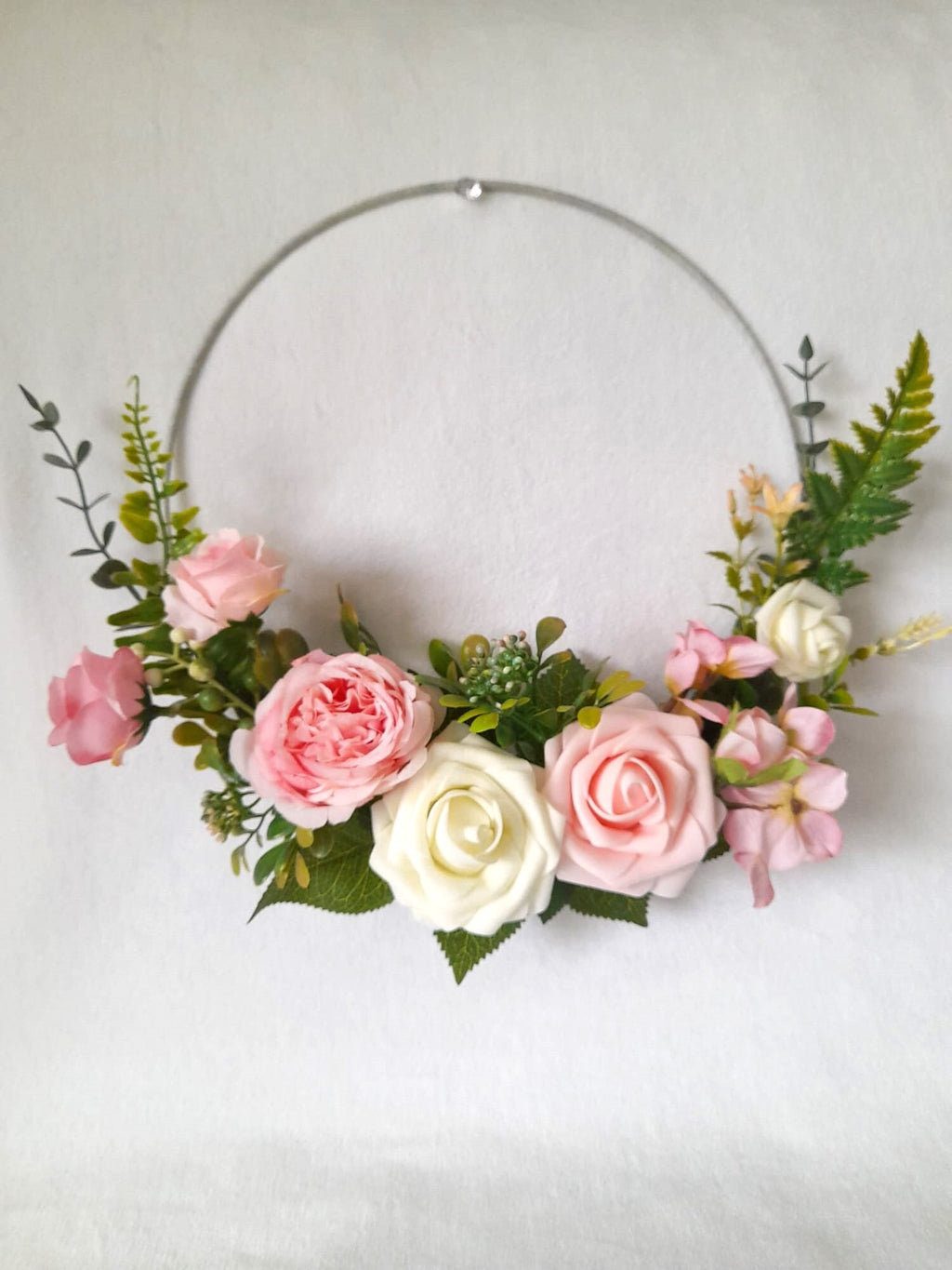 Romantic Ivory and Pink Floral Hoop Wedding Bouquet - Unique Boho Bridesmaids Alternative