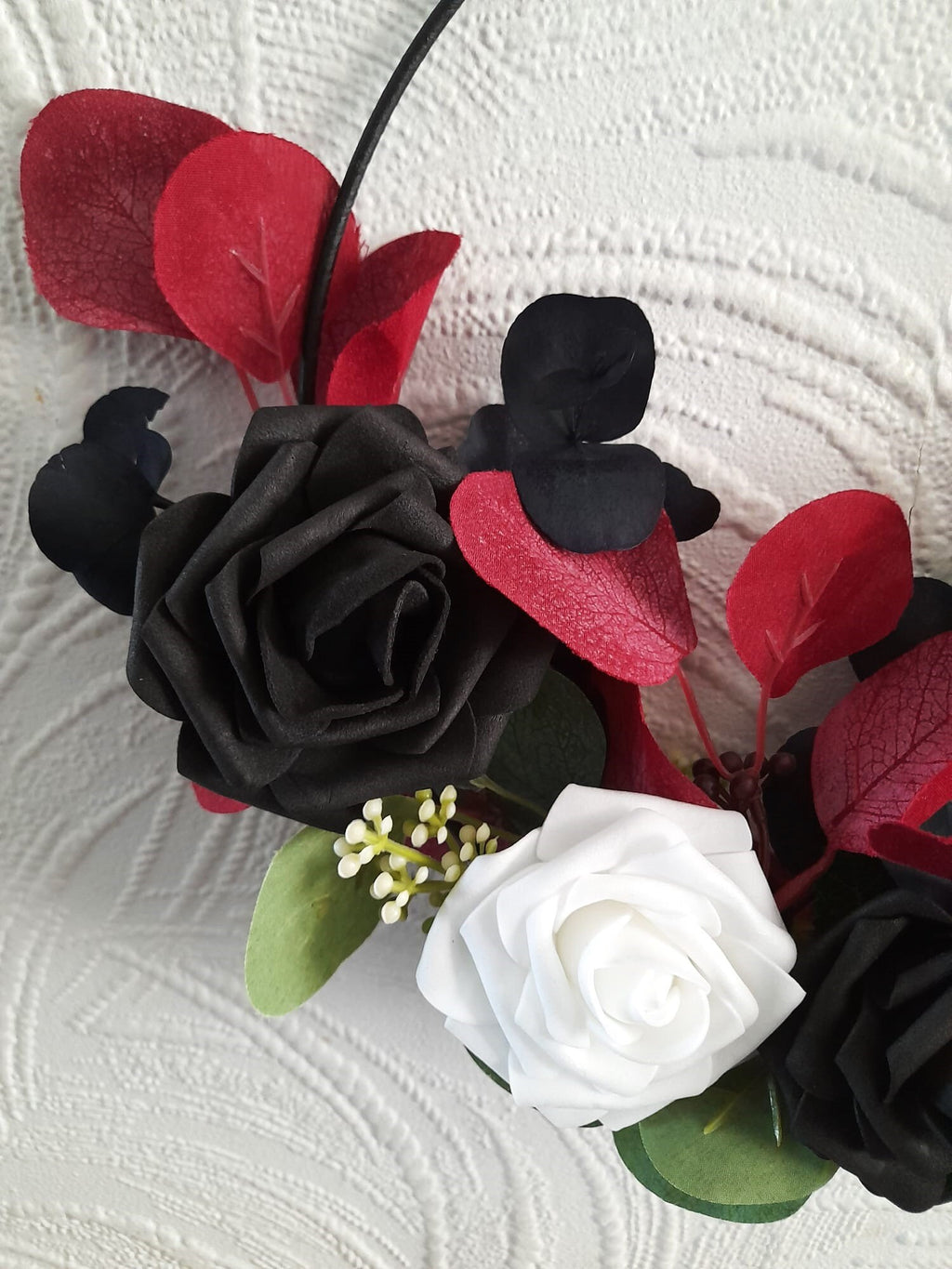 Dark Romance: Unique Floral Hoop Black Burgundy Gothic Wedding Bouquet - Alternative Bridesmaid Bouquet