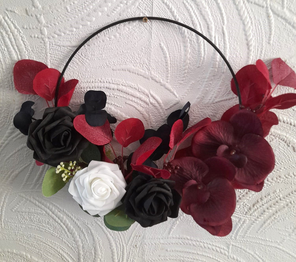 Dark Romance: Unique Floral Hoop Black Burgundy Gothic Wedding Bouquet - Alternative Bridesmaid Bouquet