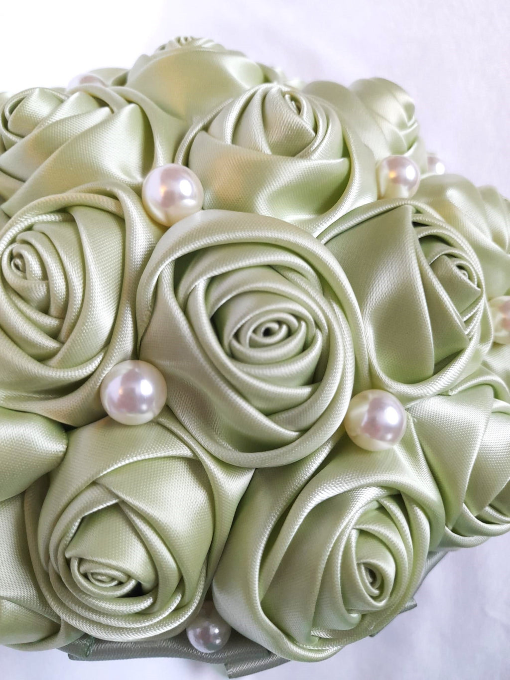 Sage Green Satin Rose Bouquet: A Timeless Wedding Essential Adorned with Delicate Pearls