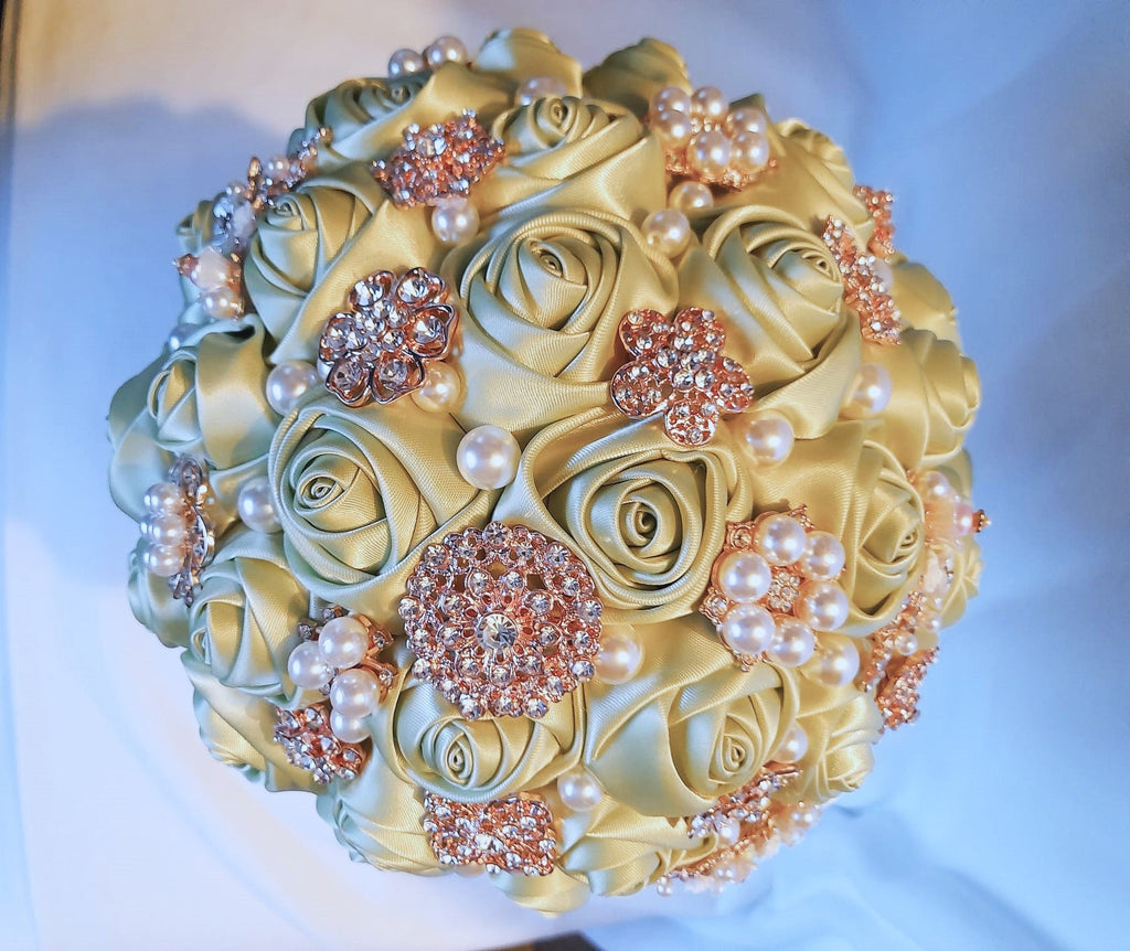 Handcrafted Sage Green Satin Rose Bouquet: Pearl Bridal Decor