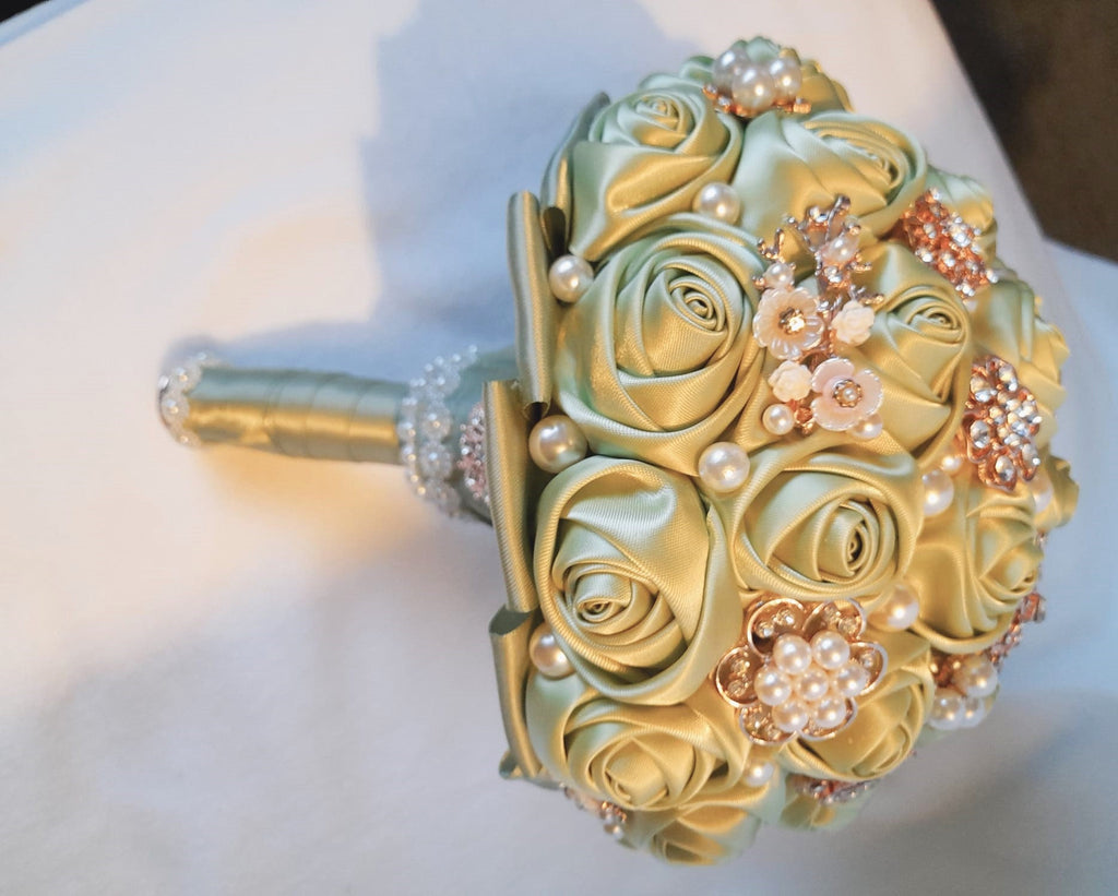 Handcrafted Sage Green Satin Rose Bouquet: Pearl Bridal Decor
