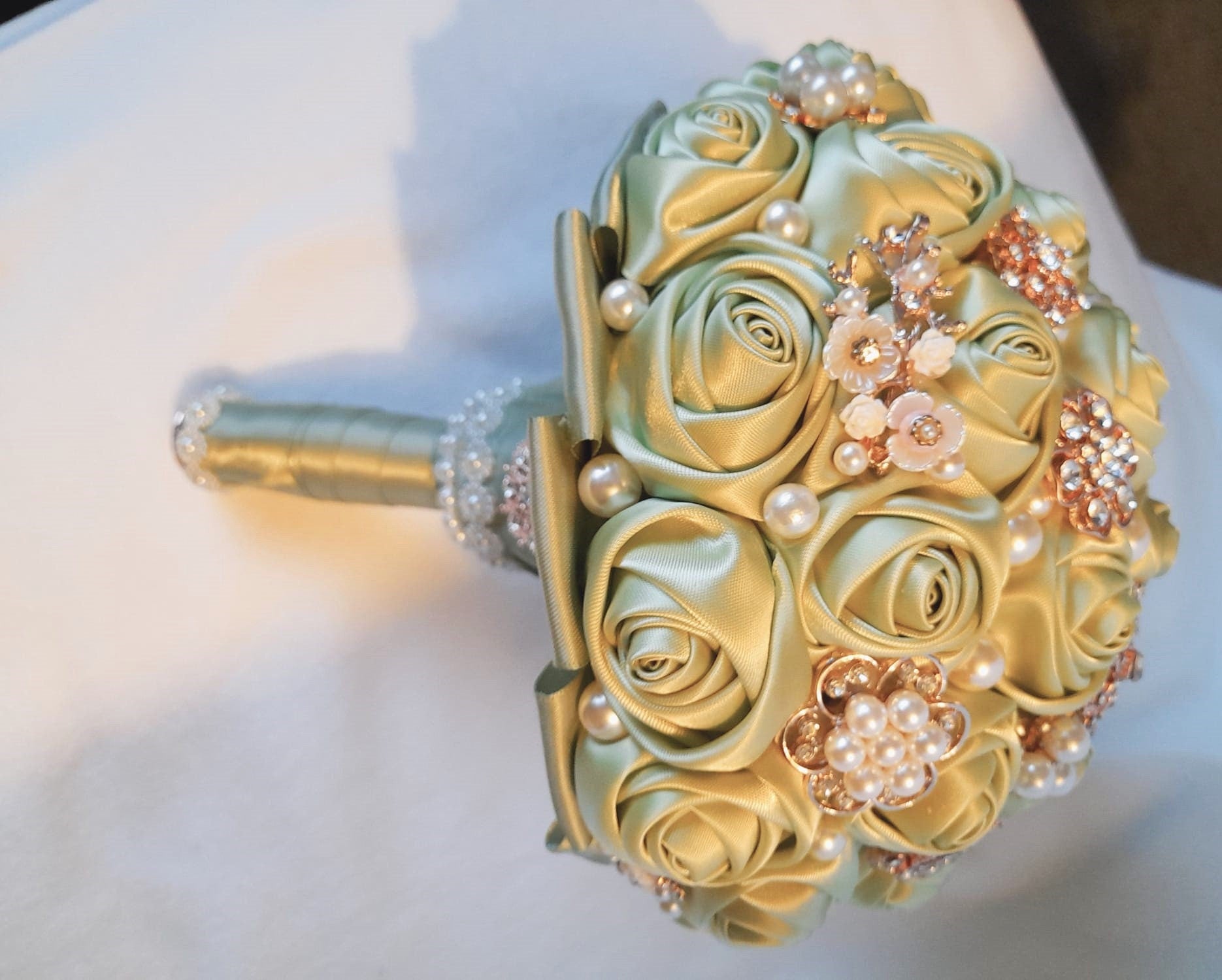 Handcrafted Sage Green Satin Rose Bouquet: Pearl Bridal Decor