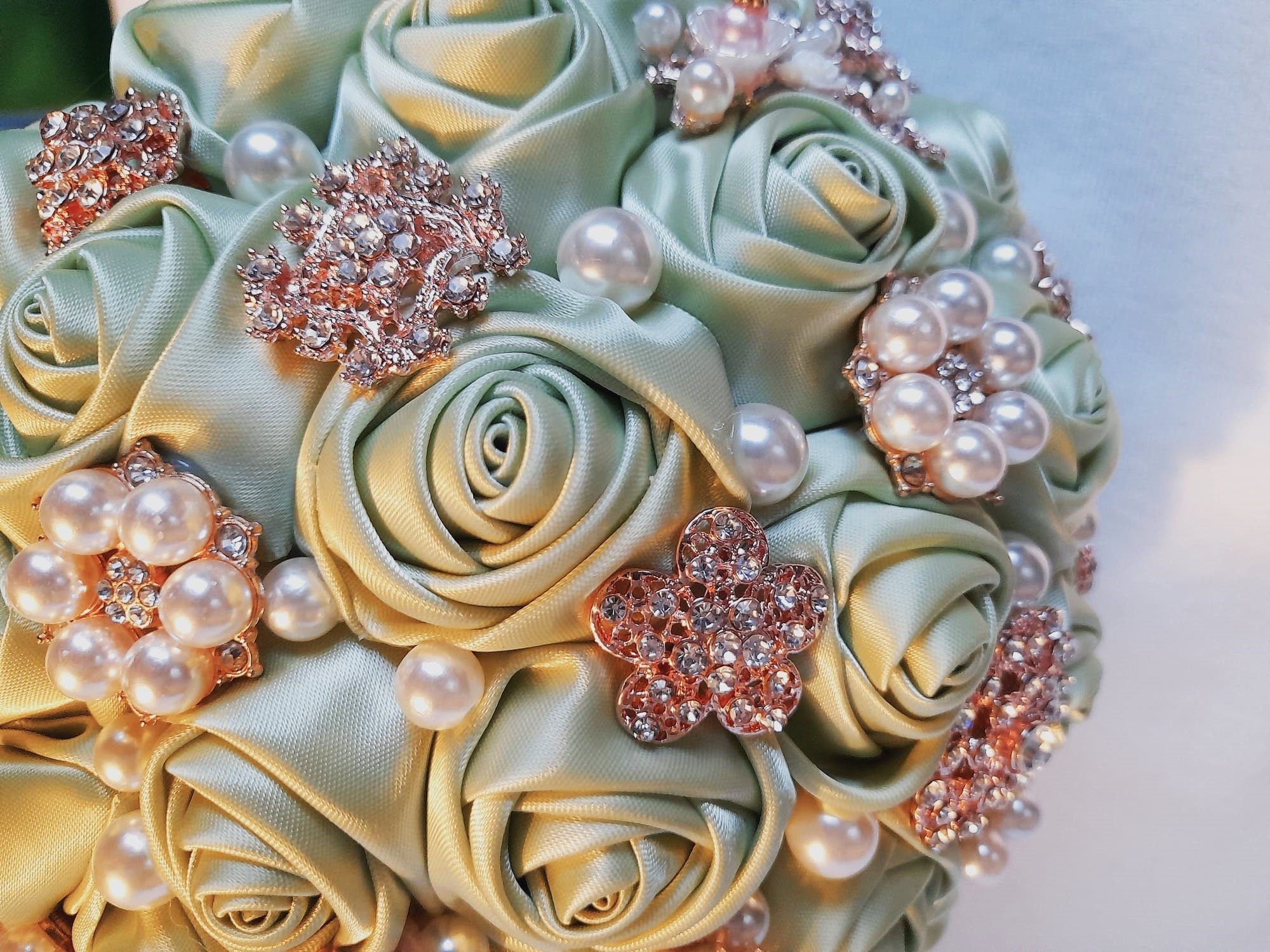 Handcrafted Sage Green Satin Rose Bouquet: Pearl Bridal Decor