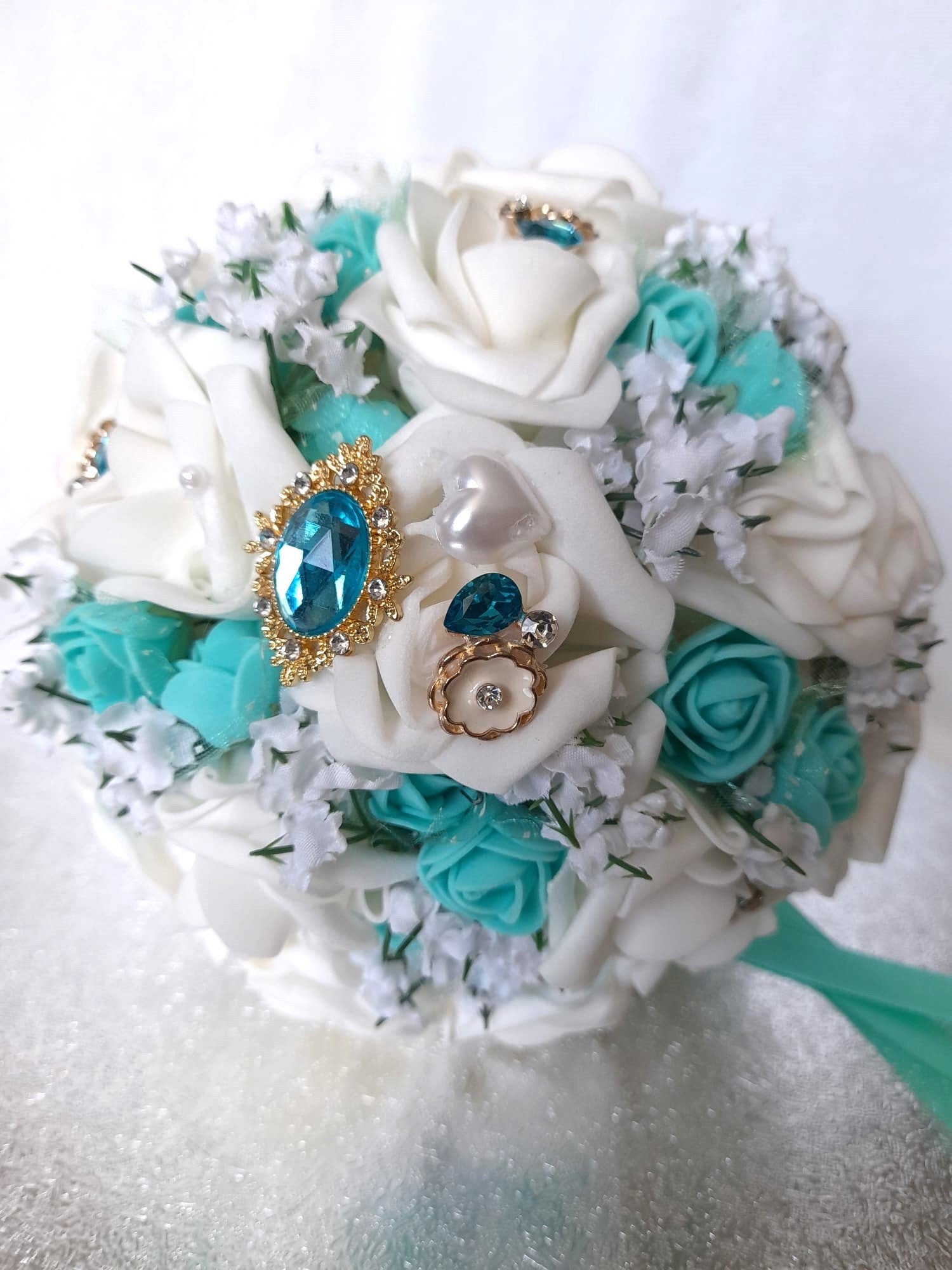 Handmade Tiffany Blue Bridal Bouquet with Brooch Accents