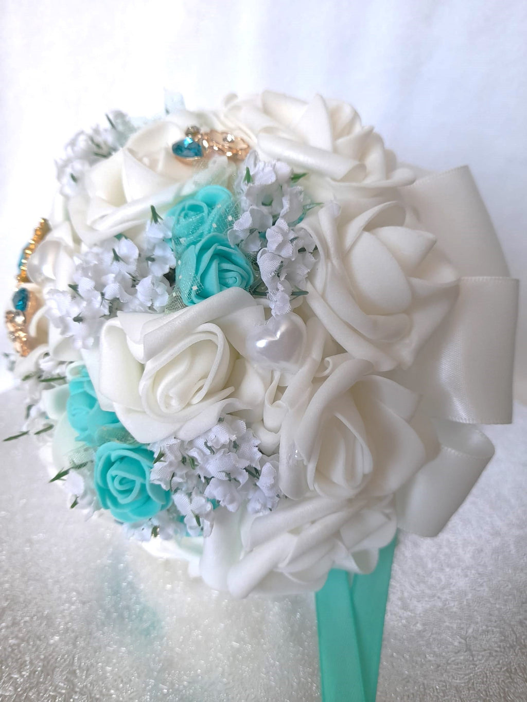 Handmade Tiffany Blue Bridal Bouquet with Brooch Accents