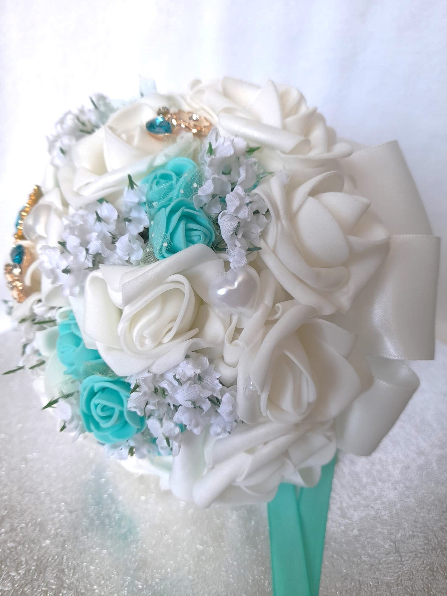 Handmade Tiffany Blue Bridal Bouquet with Brooch Accents
